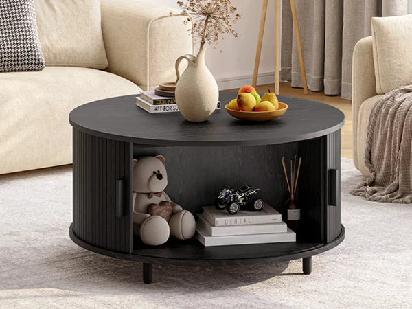 ONBRILL Round Coffee Table With Storage And Fluted Sliding Door