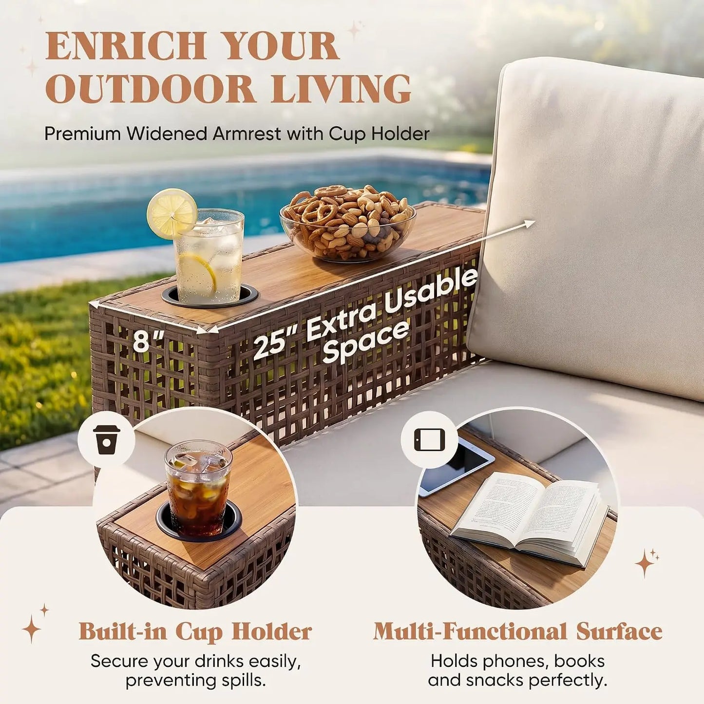 Outdoor Sectional Sofa Set 6 Pieces PE Wicker Patio Furniture with Cup Holder Wider Armrest Coffee Table Glass Tabletop , Custom