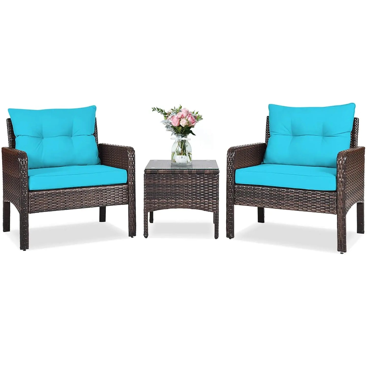 3-Piece Wicker Patio Sofa Set with Cushions & Table, All-Weather Outdoor Furniture for Balcony Deck Porch, Brown, Customized