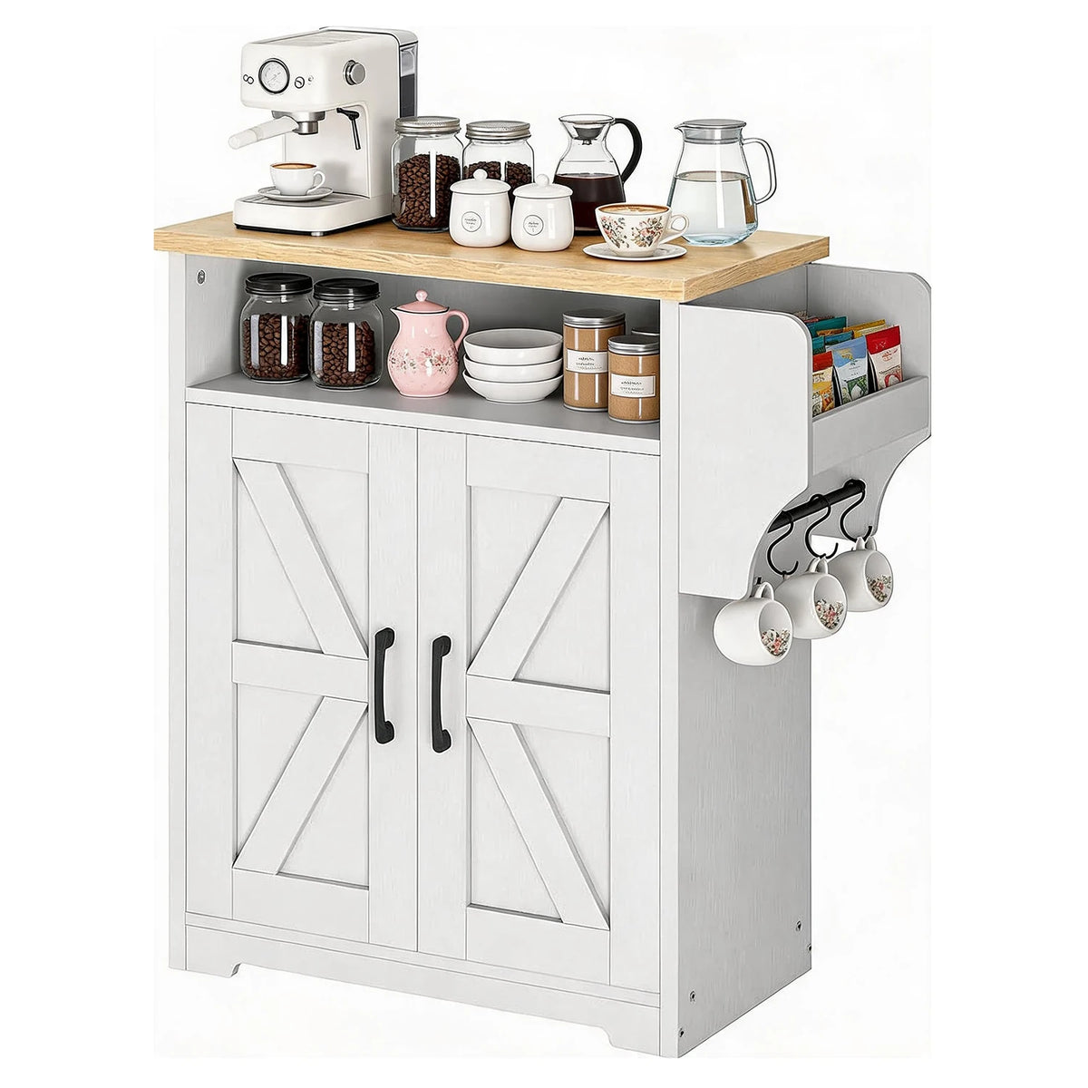 HiMISS Farmhouse Coffee Bar Cabinet With Mug Shelf And Hooks