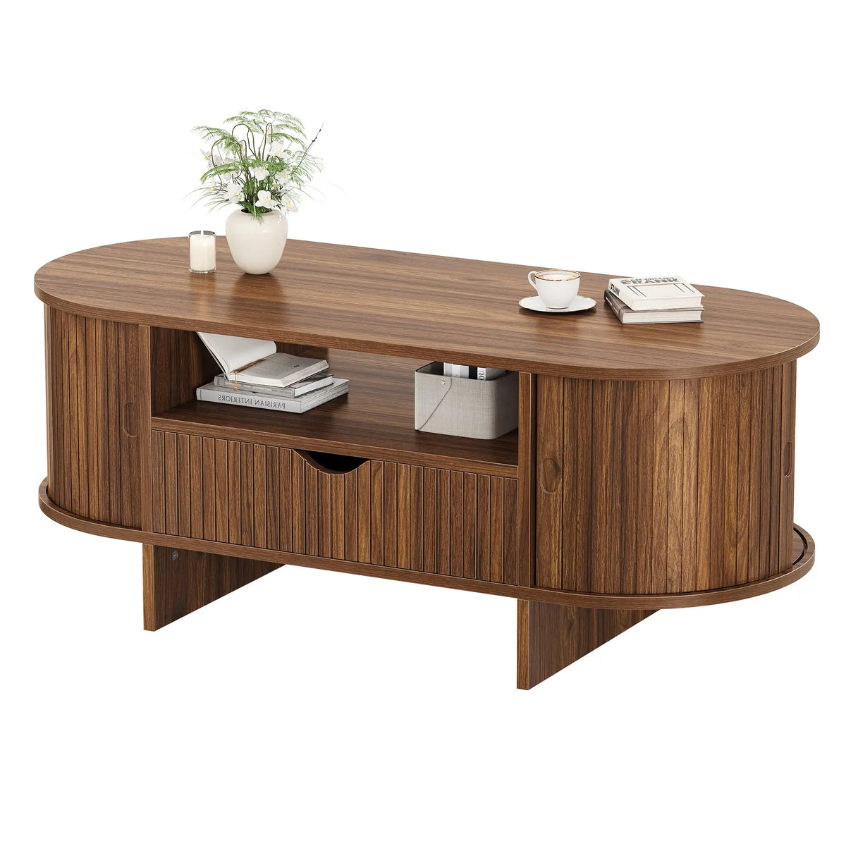 HiMISS Oval Coffee Table With Storage And Fluted Wood Design