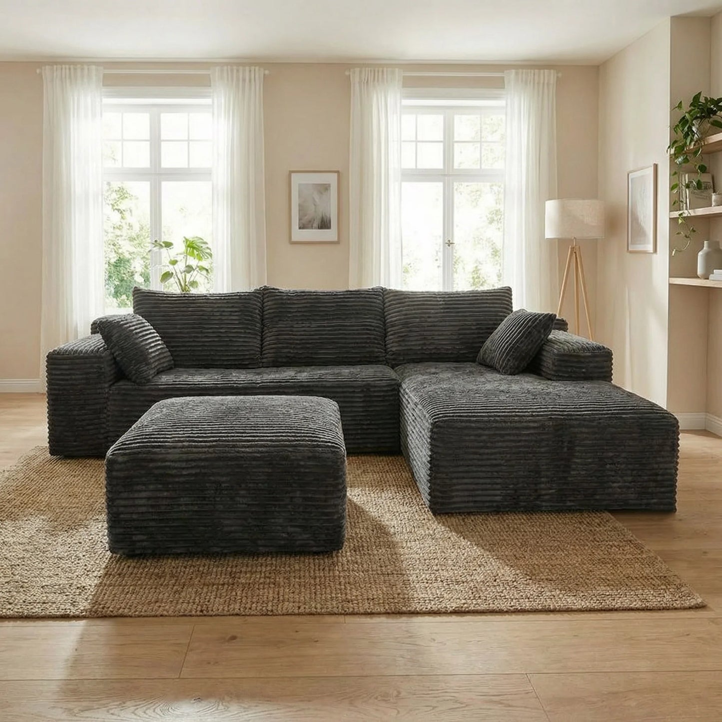 Light Luxury Minimalist Wide Vertical Striped Corduroy Modular L-Shaped Corner Sectional Sofa with Ottoman Footstool, Freely Combinable Cloud Chaise Lounge Lazy Cube Sofa, Oversized Deep Seat No Assembly Fabric Couch with Thr