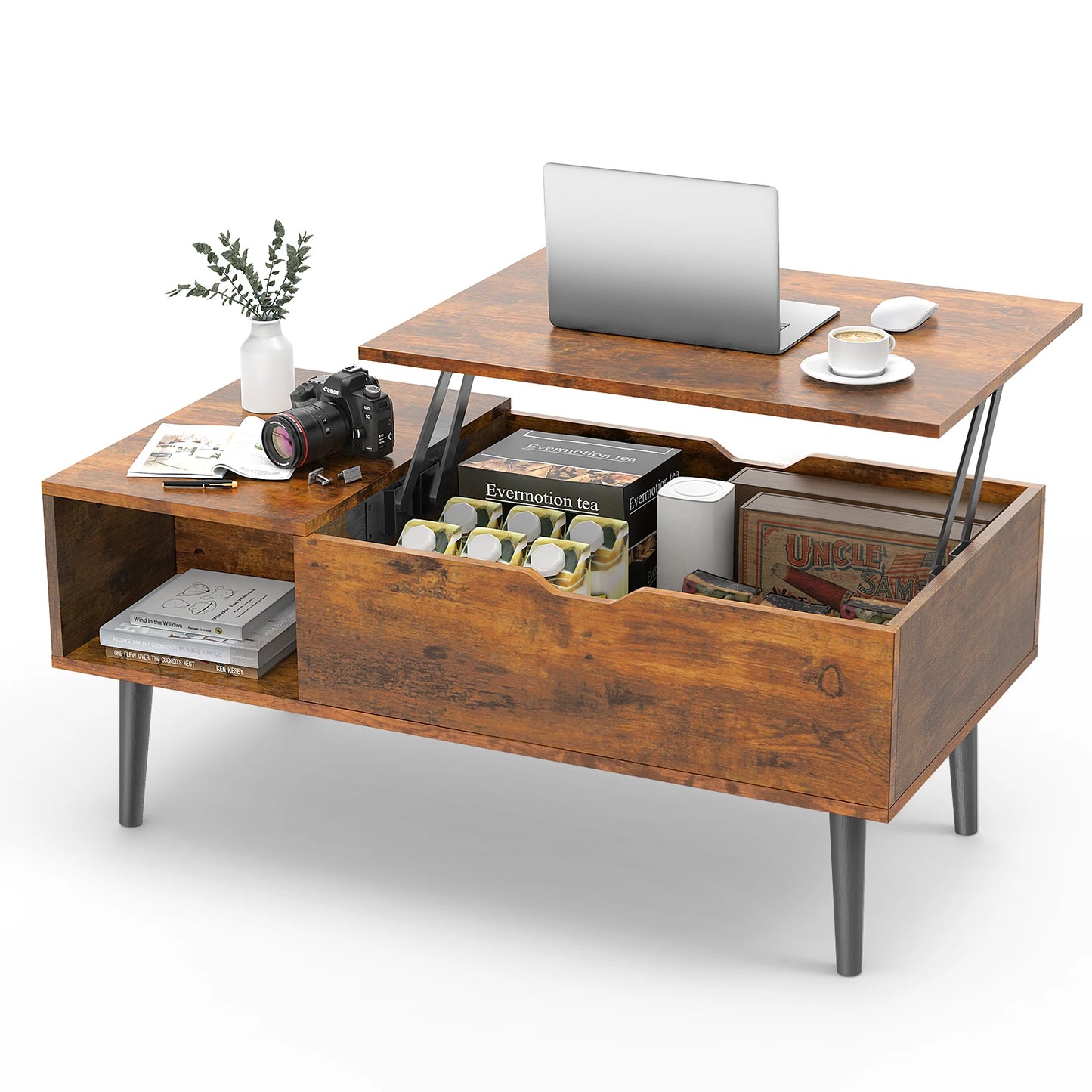 JHK Wooden Lift Top Coffee Table With Adjustable Storage Shelf