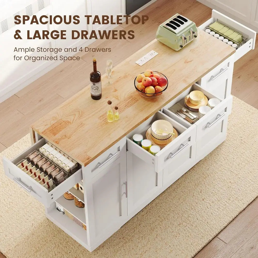 53'' Rolling Kitchen Island with Power Outlet, Drop Lea & Trash Can Storage, Large Island Cart on Wheels with Rubberwood Top, 4