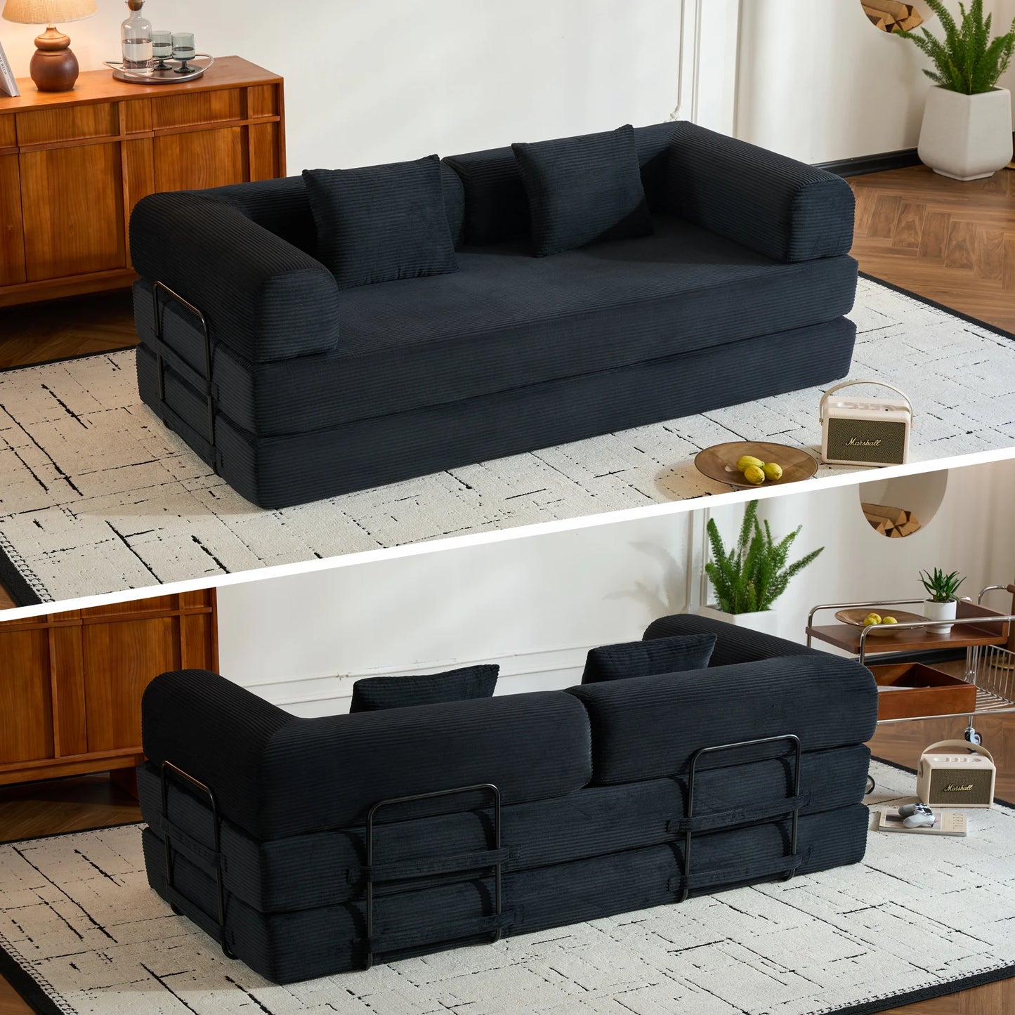 79" Folding Convertible Sofa Bed, Oversized Corduroy Futon Floor Couch, Boneless Loveseat for Small Spaces, Living Room, Bedroom