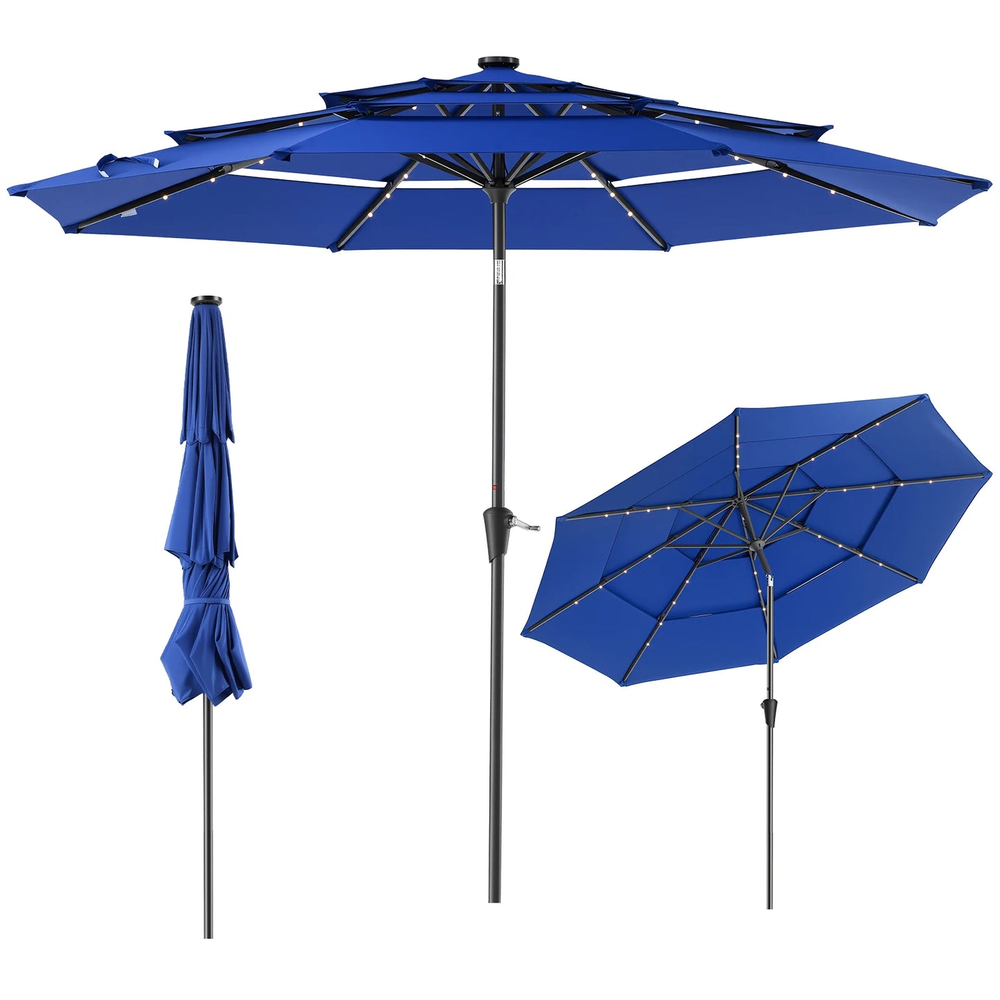 JHK 3-Tier 10FT Outdoor Patio Umbrella with 32 LED Lights Crank 8 Sturdy Ribs Table Umbrella for Pool Beach and Outdoor