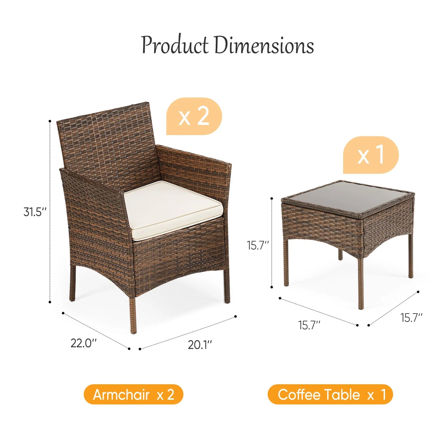 JHK Outdoor Patio Furniture Set Rattan Chairs With Glass Table