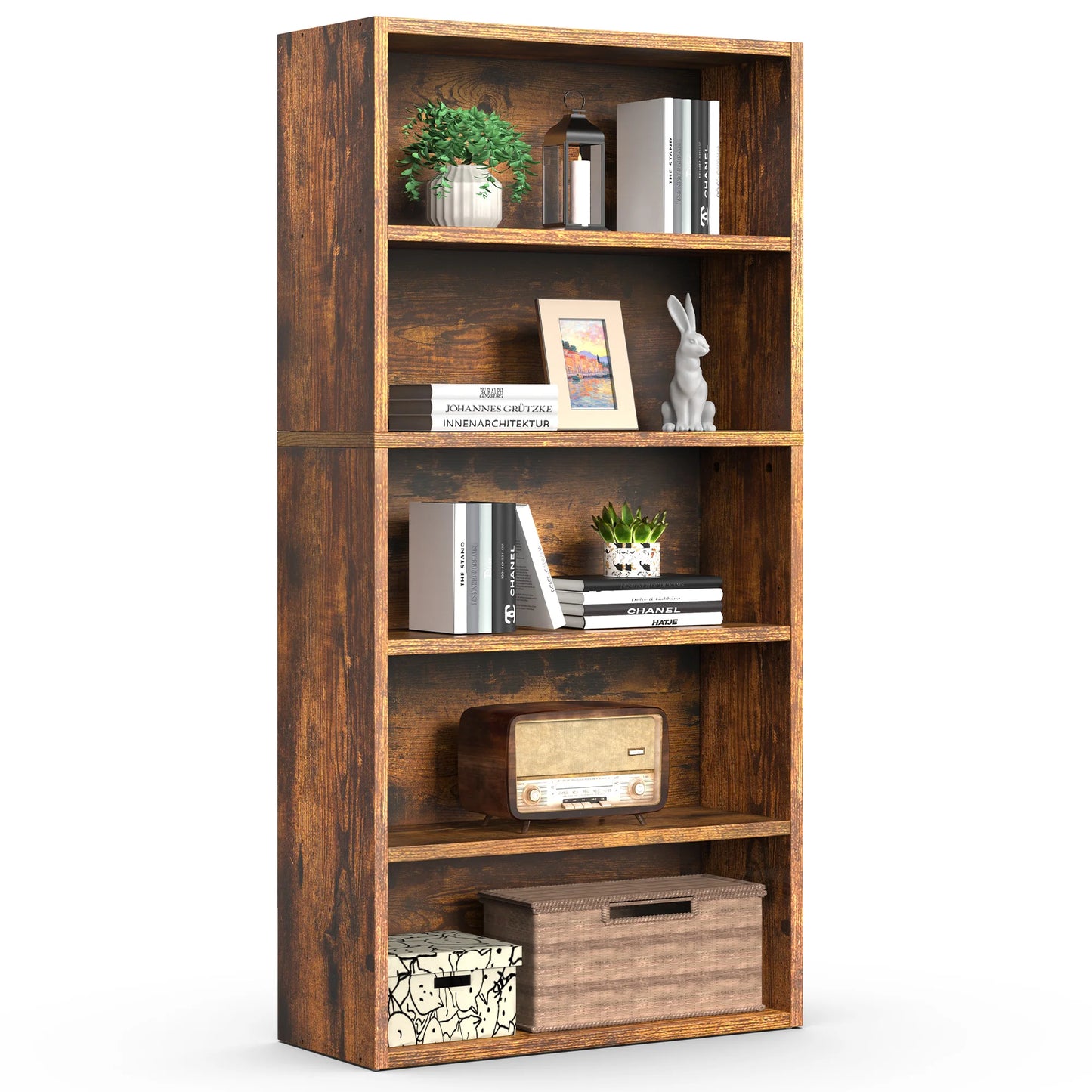 MCQ 5 Tier Wooden Bookshelf Black 53 Inch Tall Bookcase Standing Open Book Shelf Organizer Adjustable Display Storage Shelves
