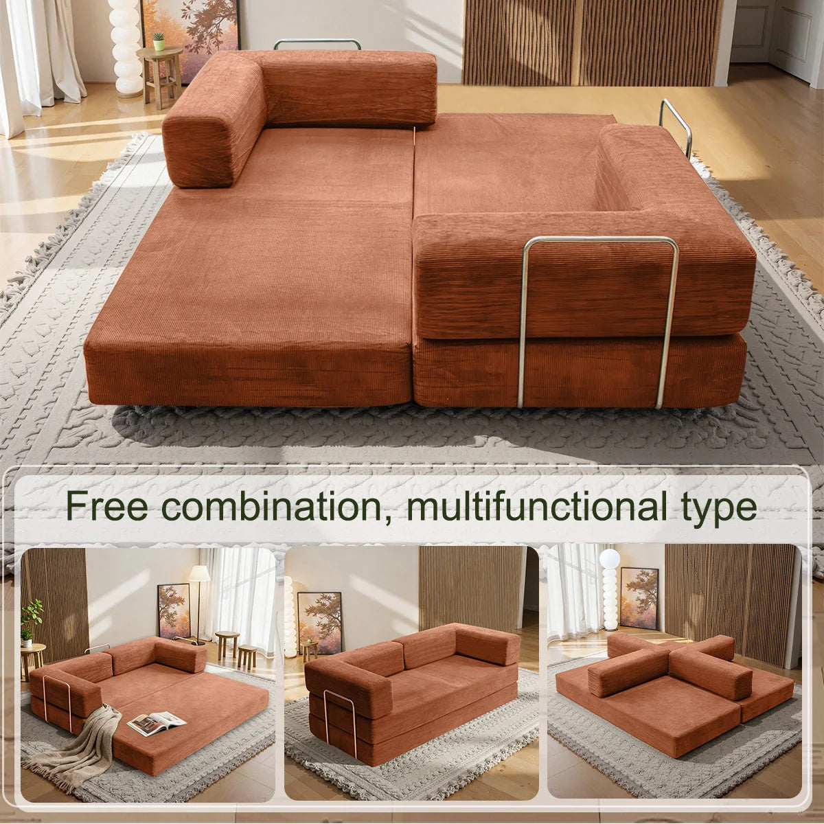 78.8" Convertible Floor Sofa Bed, 2-in-1 Foldable Sleeper Couch with Throw Pillows, Multifunctional Living Room Furniture