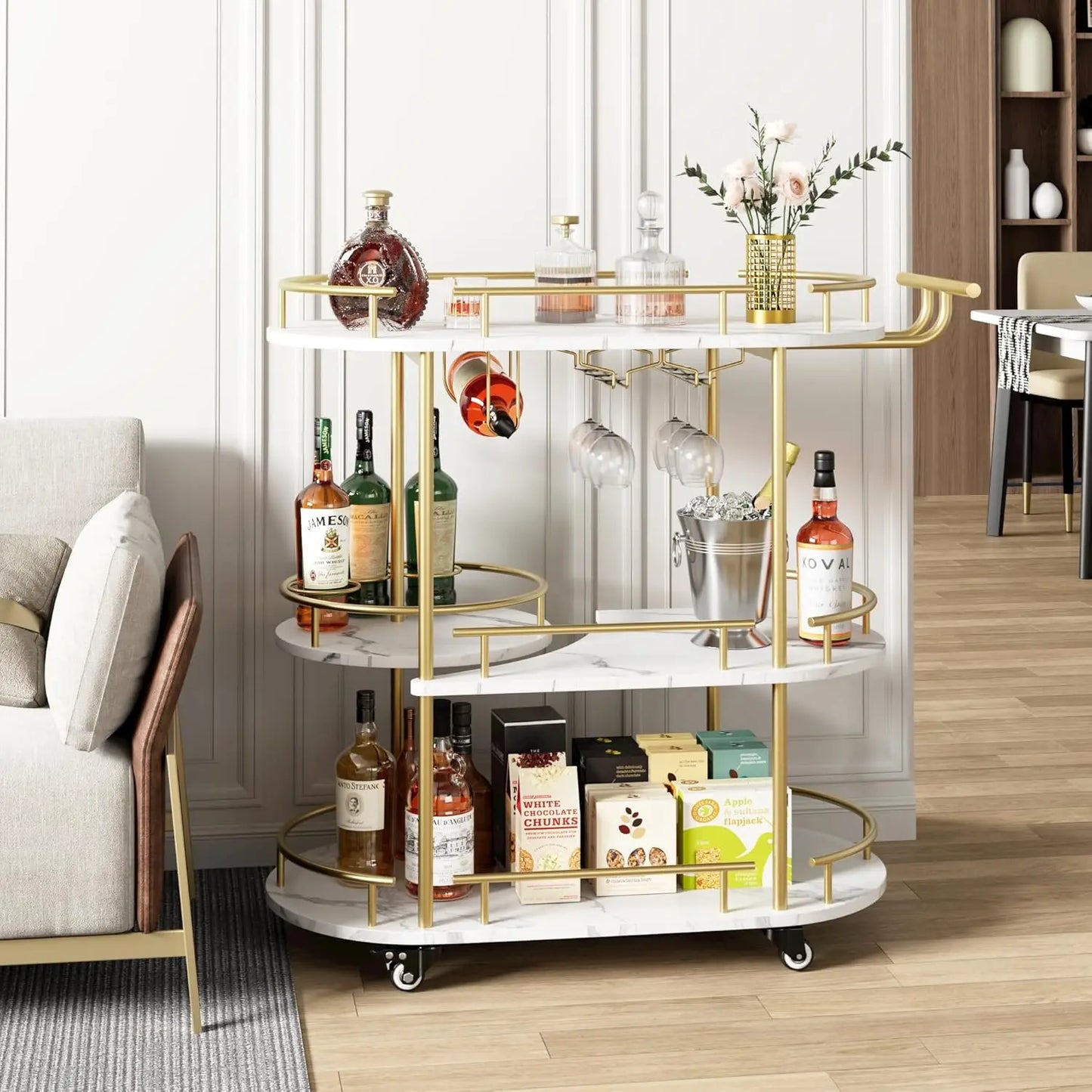 HiMiss Three Tier Metal Bar Cart With Wine Rack And Wheels