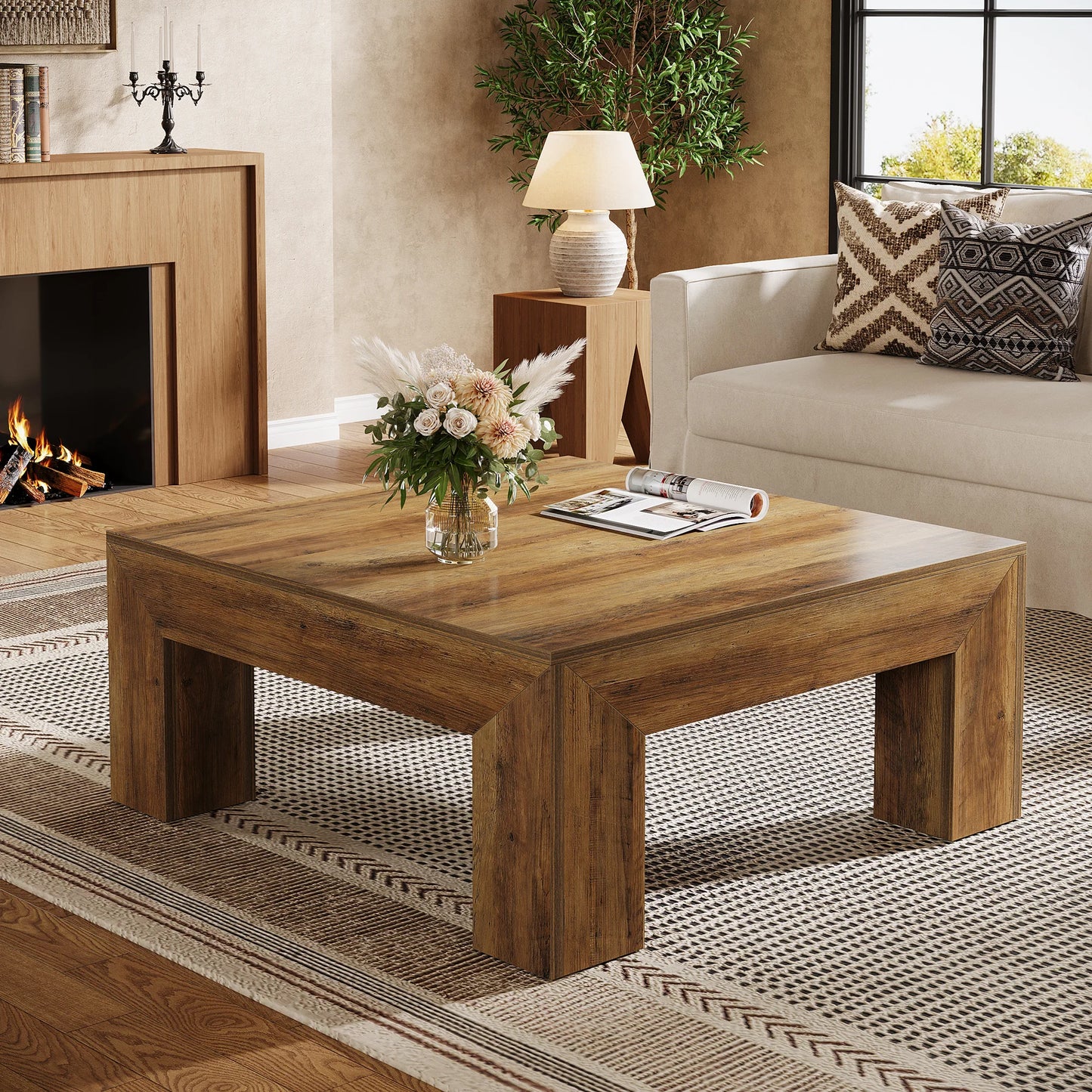 Tribesigns Square Coffee Table Farmhouse Wood Centerpiece