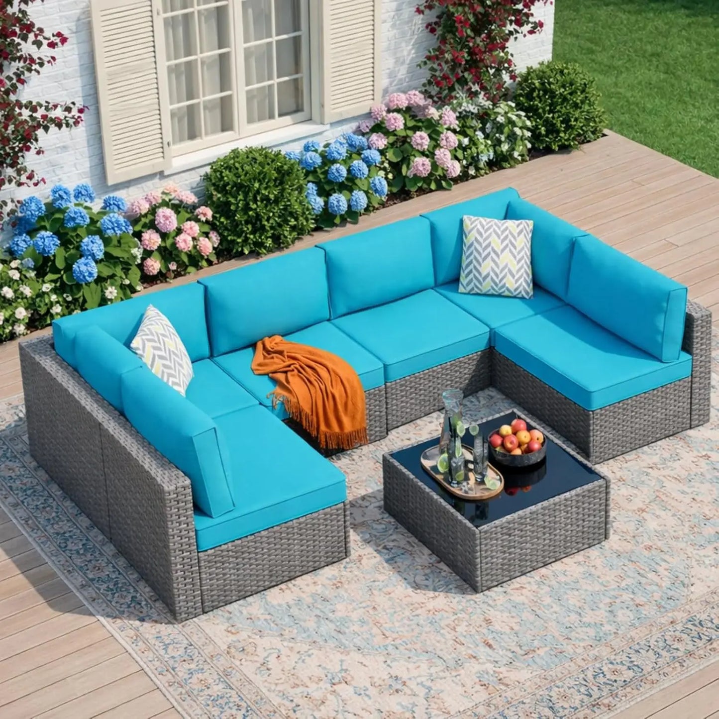 7-Piece Outdoor Patio Furniture Set, Modular PE Rattan Sectional Sofa with Thick Cushions & Glass Coffee Table,, Custom