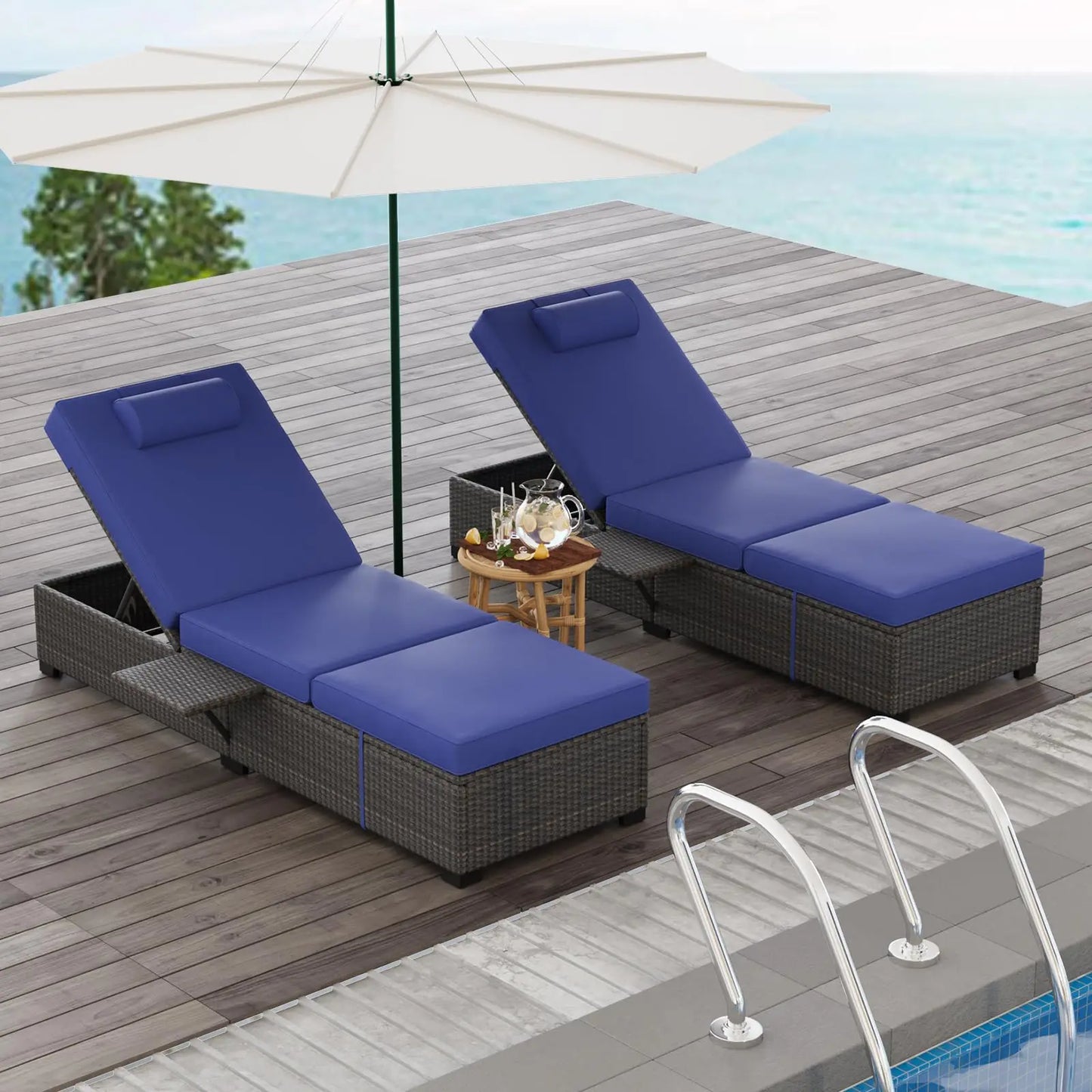 Outdoor Chaise Lounge Chairs Set of 2, 78" Pool Lounge Chairs with Adjustable Back, Foldable Side Table & Washable Cushions, Wicker Rattan Patio Loungers for Poolside Deck Beach Yard
