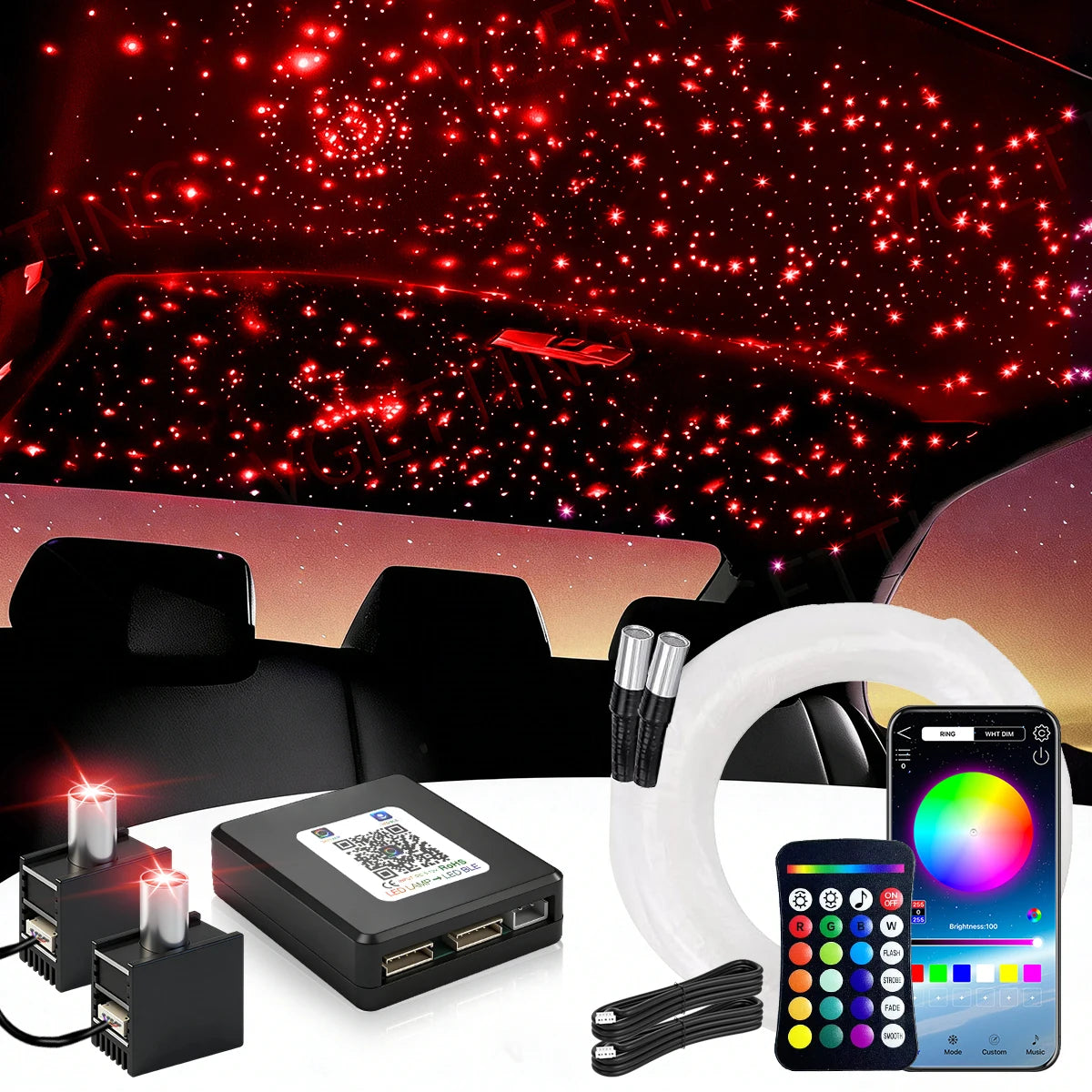 16W Split Starlight Headliner Kit, Fiber Optic RGBW Star Lights for Car Roof Ceiling with 1/2/4 Light Heads, APP/Remote Control, Static 10 Colors