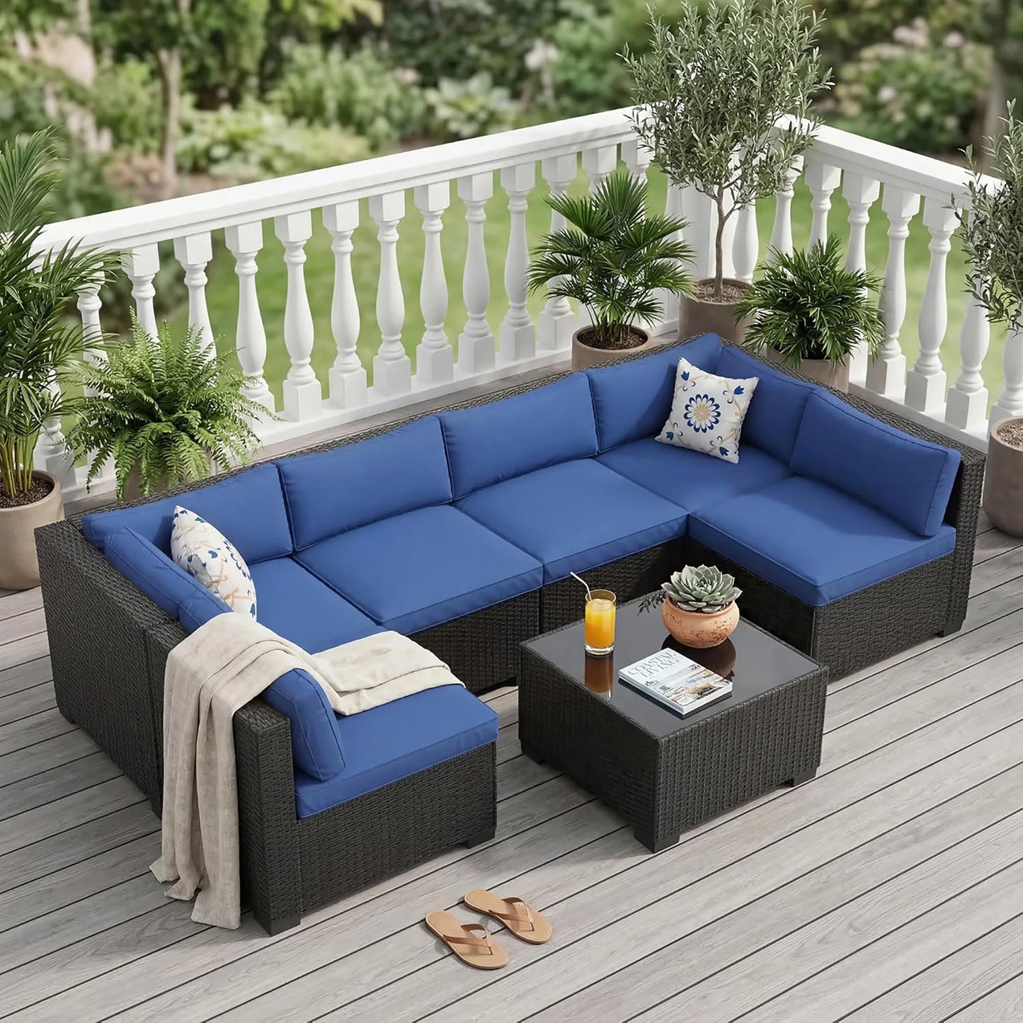 HobbyLane 7 Piece Outdoor Patio Sectional Sofa Set With Ottoman And Storage
