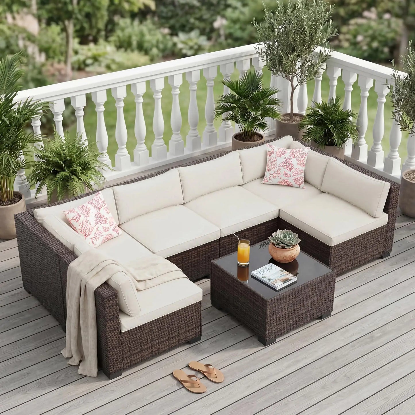 HobbyLane Outdoor PE Wicker Sectional Sofa Set With Ottoman Storage