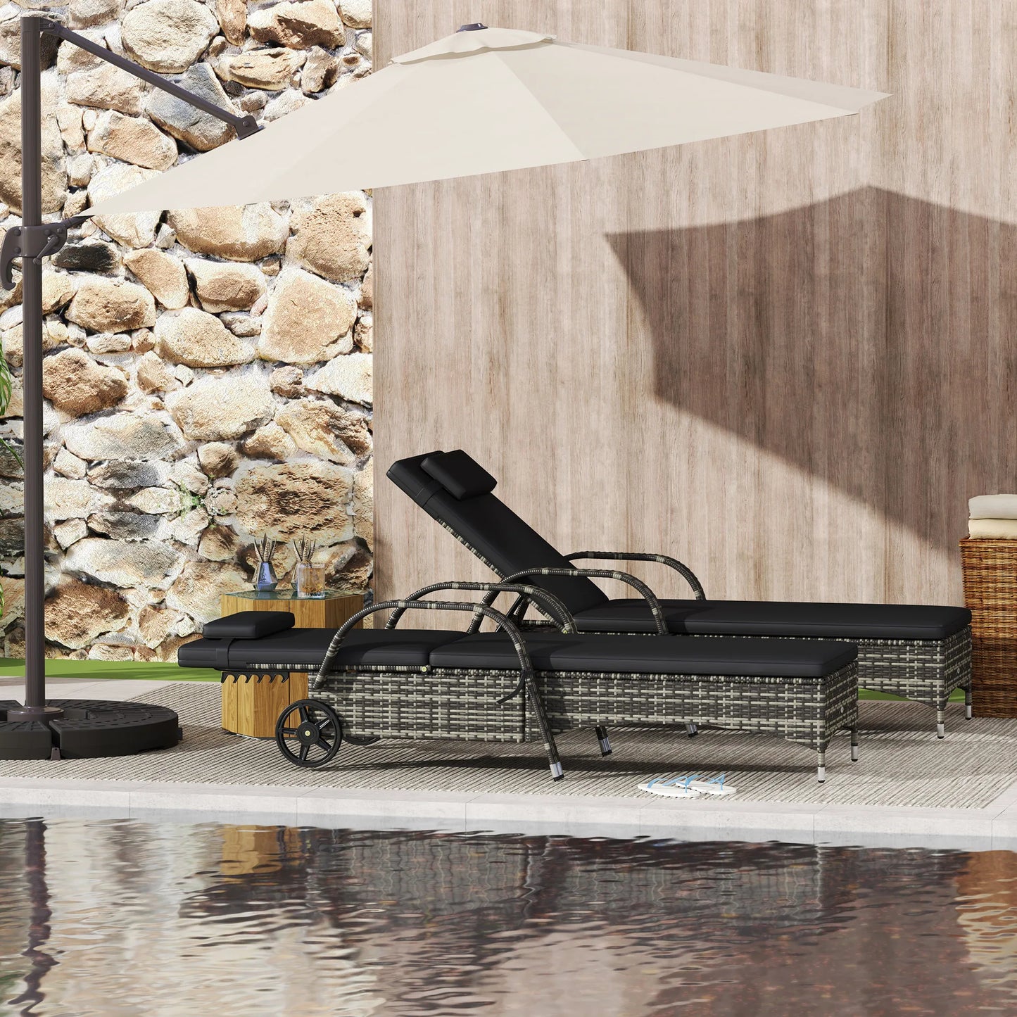 Outdoor PE Rattan Reclining Sun Lounger Set of 2 w/ Cushion, Wheels, Black