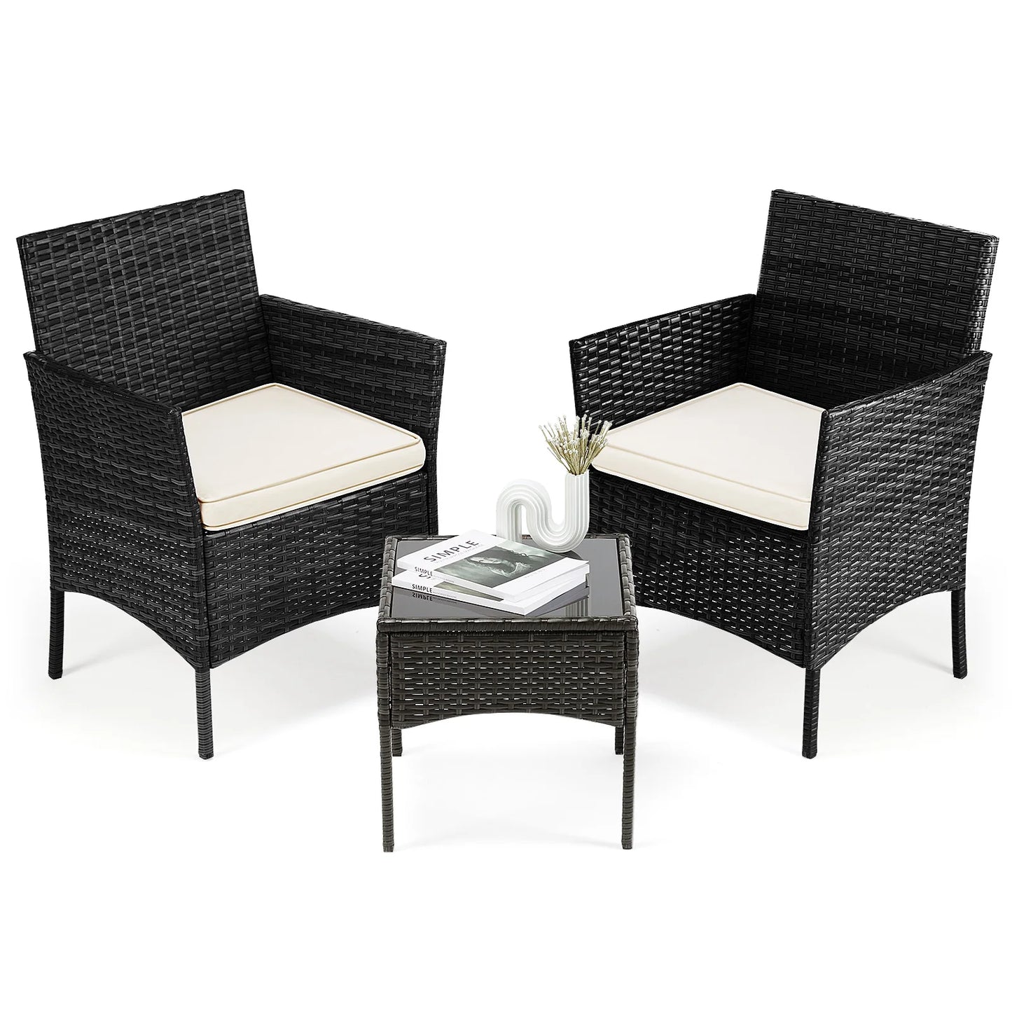 Three Piece Outdoor Patio Furniture Set Wicker Rattan Chairs With Glass Table