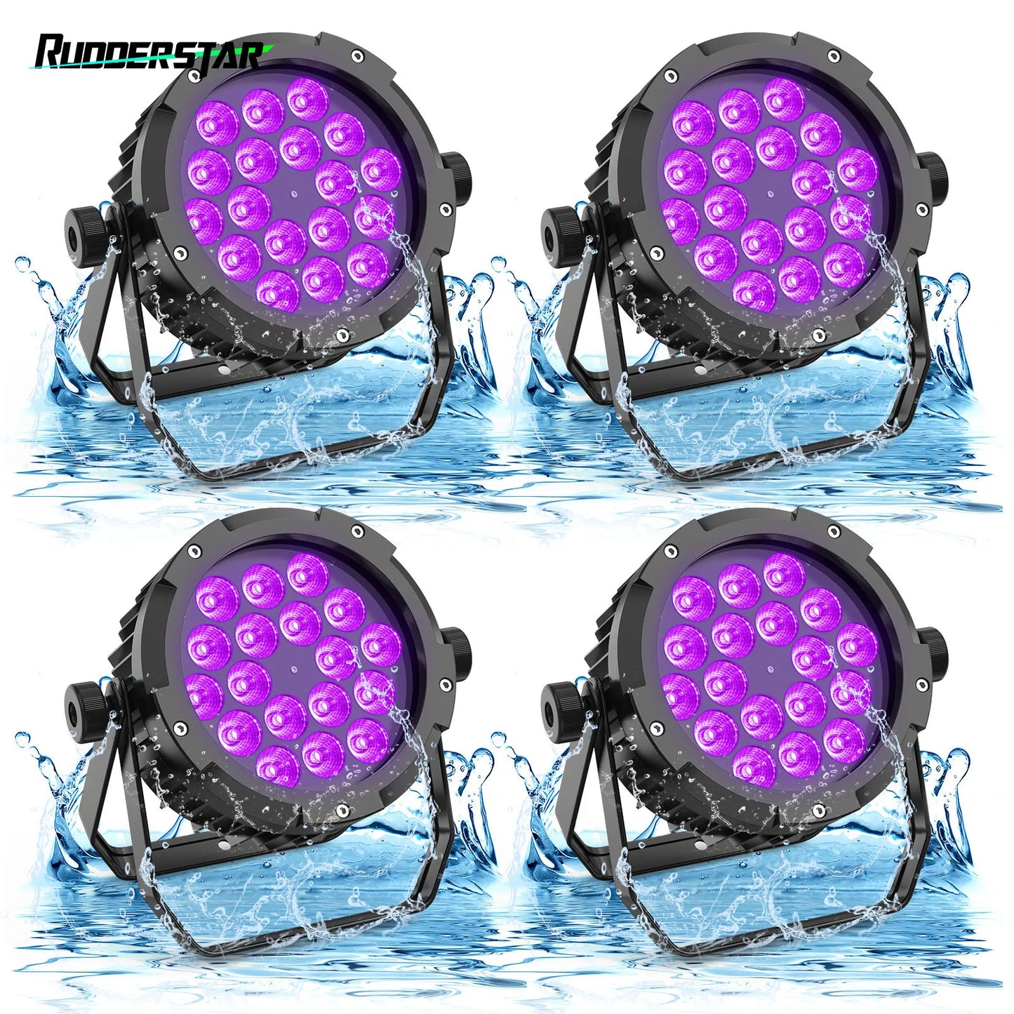Rudderstar 4Pcs Waterproof 18LEDs Par Light RGBWA UV