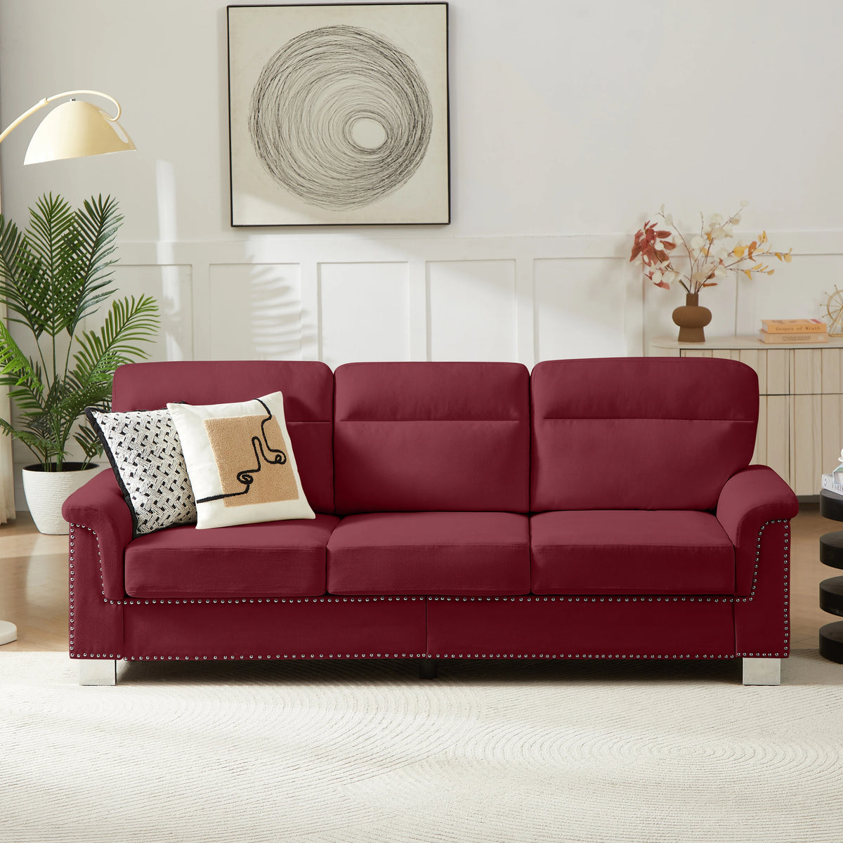 Modern Three Seater Sofa With Nailhead Trim And Metal Legs