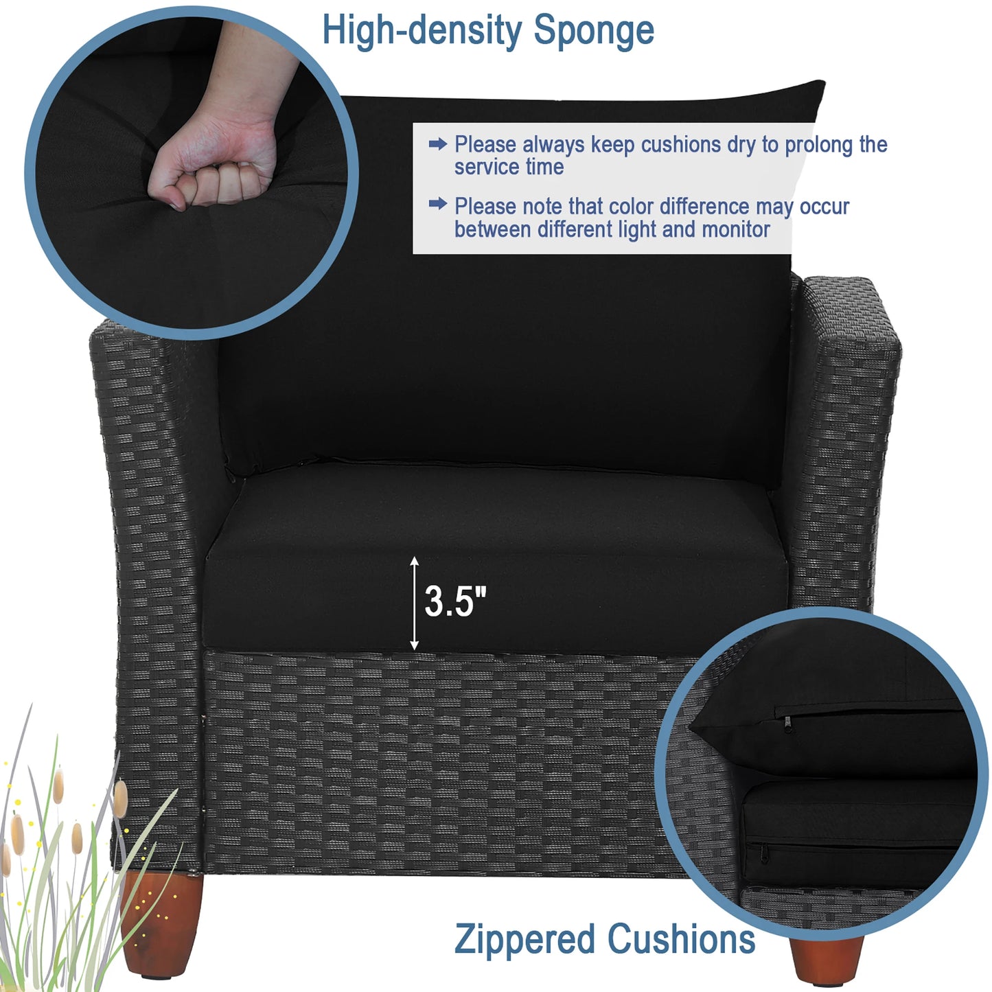 3PCS Patio Rattan Furniture Set Cushioned Sofa Storage Table with Wood Top Black