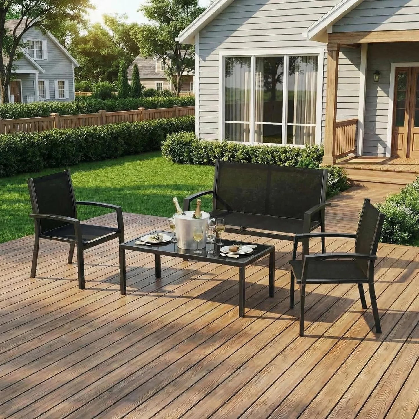 Modern 4 Piece Metal Patio Furniture Set Breathable Mesh Outdoor Loveseat & Chairs With Table For Deck Apartment Porch Backyard