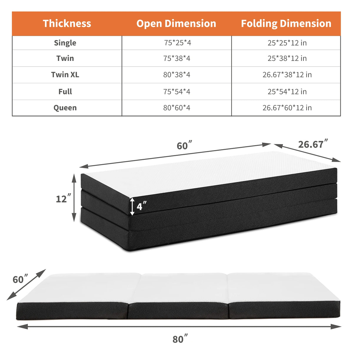 JHK Tri Fold Foam Mattress with Washable Cover for Travel