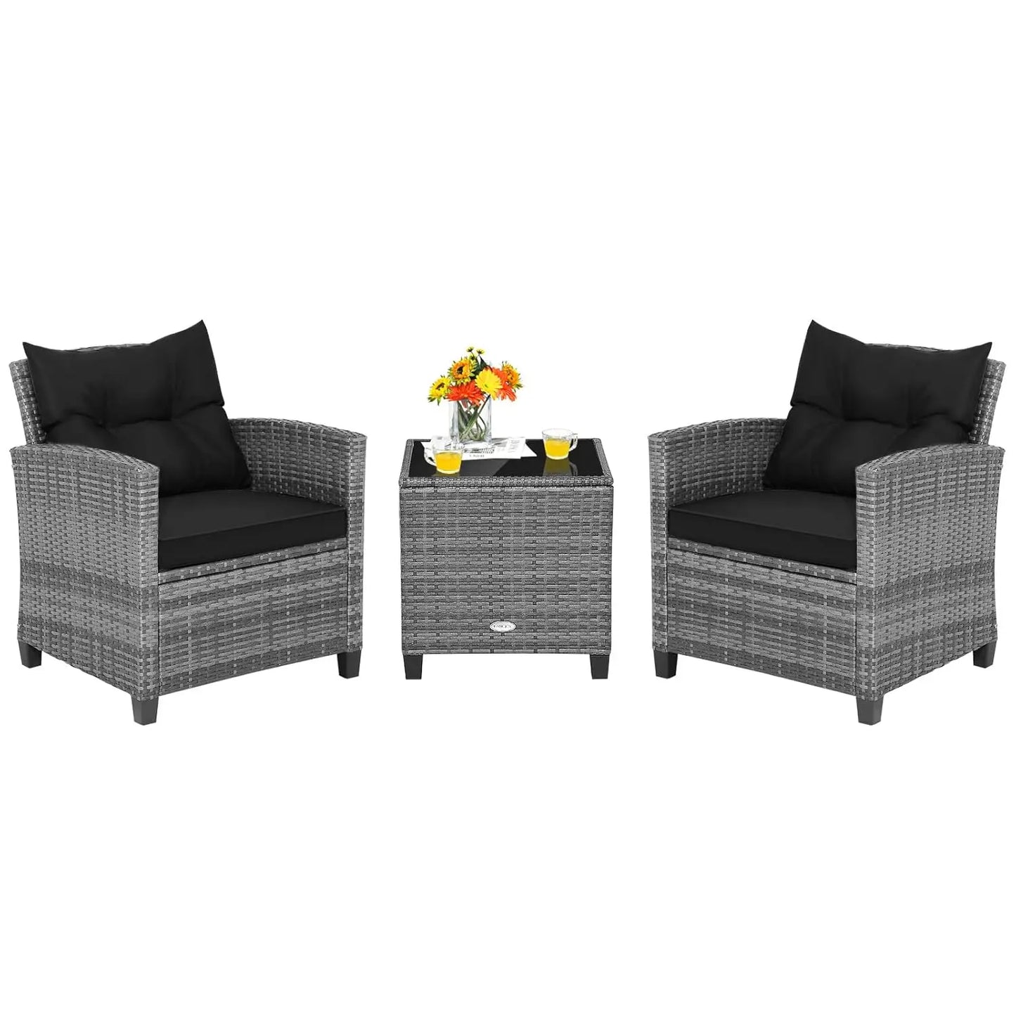 3 Pieces Patio Furniture Set, PE Rattan Wicker 3 Pcs Outdoor Sofa Set w/Washable Cushion and Tempered Glass, Customized