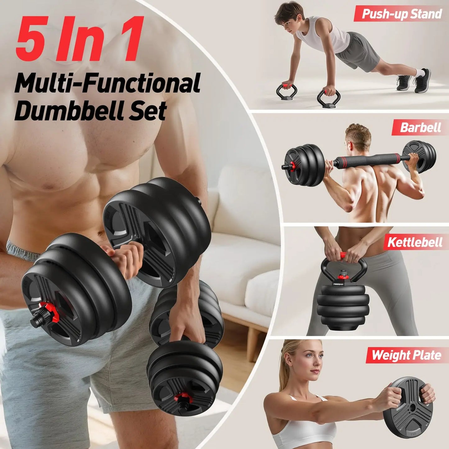 FED Fitness 5 In 1 Adjustable Dumbbell Set 20/35/45/70/90 LB