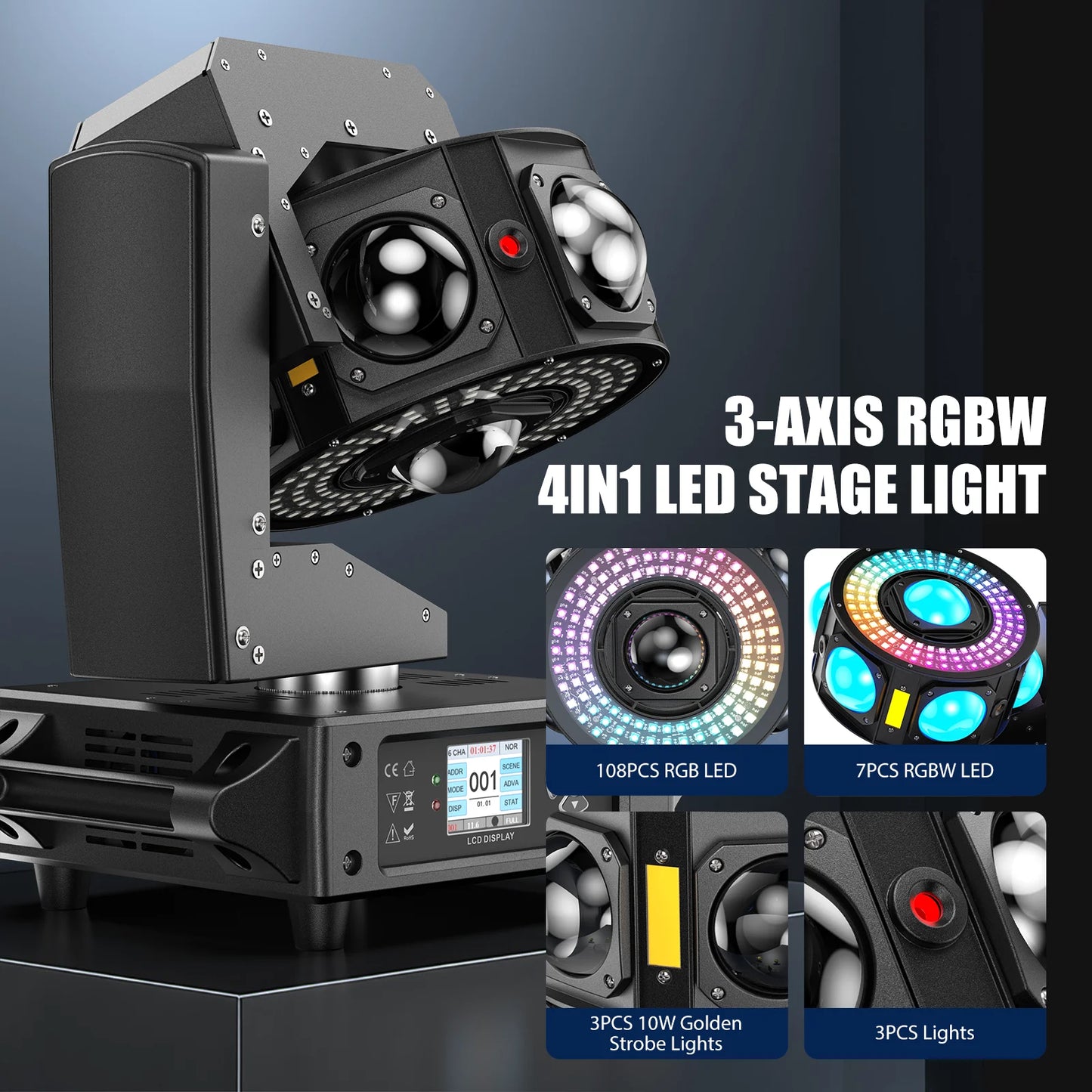 Fieryzeal RGBW Beam Moving Head Light 3-Axis Rotation DJ Stage