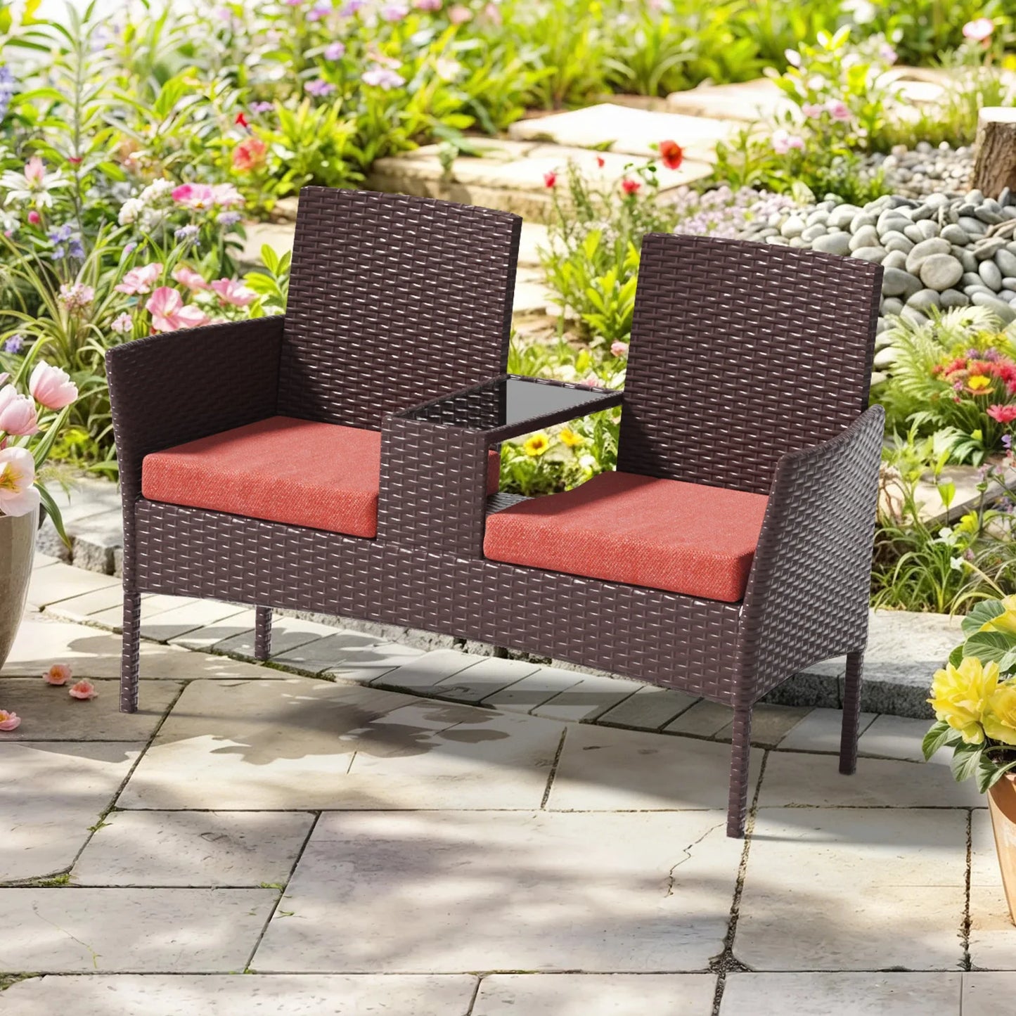 1 Piece Wicker Double Seat Patio Loveseat with Built-in Middle Tea Table, Cushioned Weatherproof Patio Furniture, Comfort Leisure Outdoor Furniture, Sturdy Outdoor Patio Furniture Set for Balcony Porch Garden