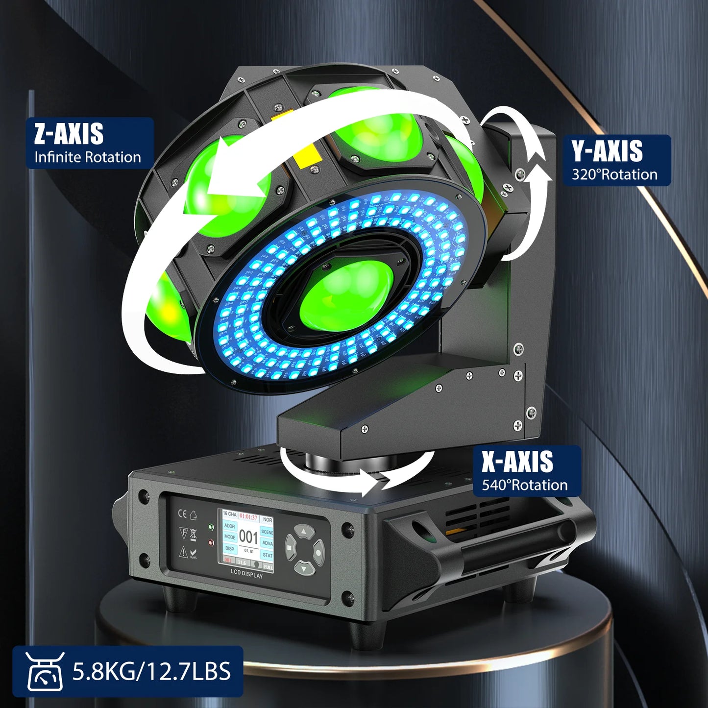 Fieryzeal RGBW Beam Moving Head Light 3-Axis Rotation DJ Stage