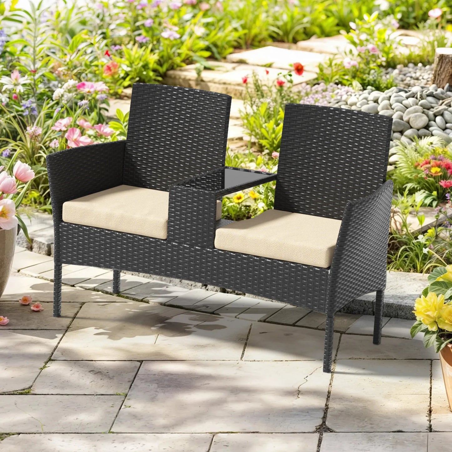 1 Piece Wicker Double Seat Patio Loveseat with Built-in Middle Tea Table, Cushioned Weatherproof Patio Furniture, Comfort Leisure Outdoor Furniture, Sturdy Outdoor Patio Furniture Set for Balcony Porch Garden