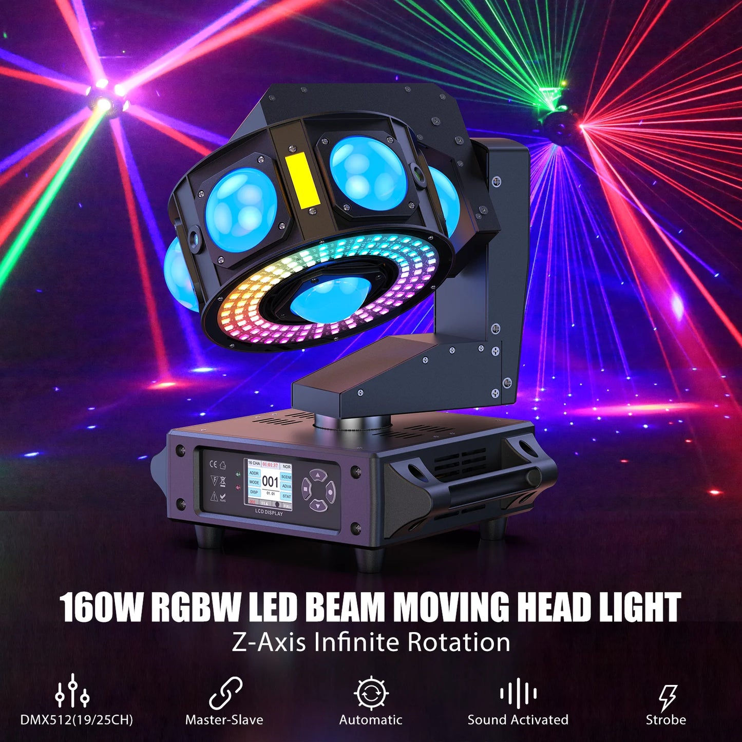 Fieryzeal RGBW Beam Moving Head Light 3-Axis Rotation DJ Stage
