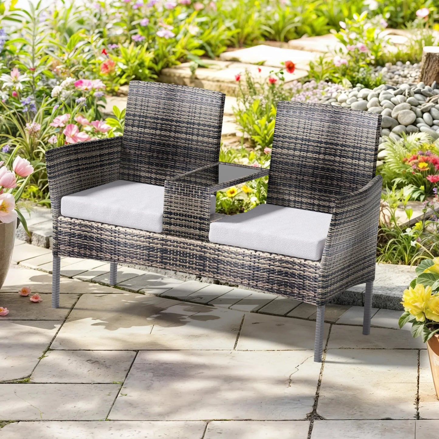 1 Piece Wicker Double Seat Patio Loveseat with Built-in Middle Tea Table, Cushioned Weatherproof Patio Furniture, Comfort Leisure Outdoor Furniture, Sturdy Outdoor Patio Furniture Set for Balcony Porch Garden