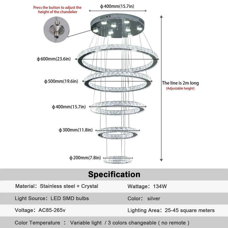 Luxury Diamond 3/5 Rings Circle K9 Crystal Led Chandelier Lighting Fixtures Lamparas Modernas Hanging Lamp Luminaria Lustres