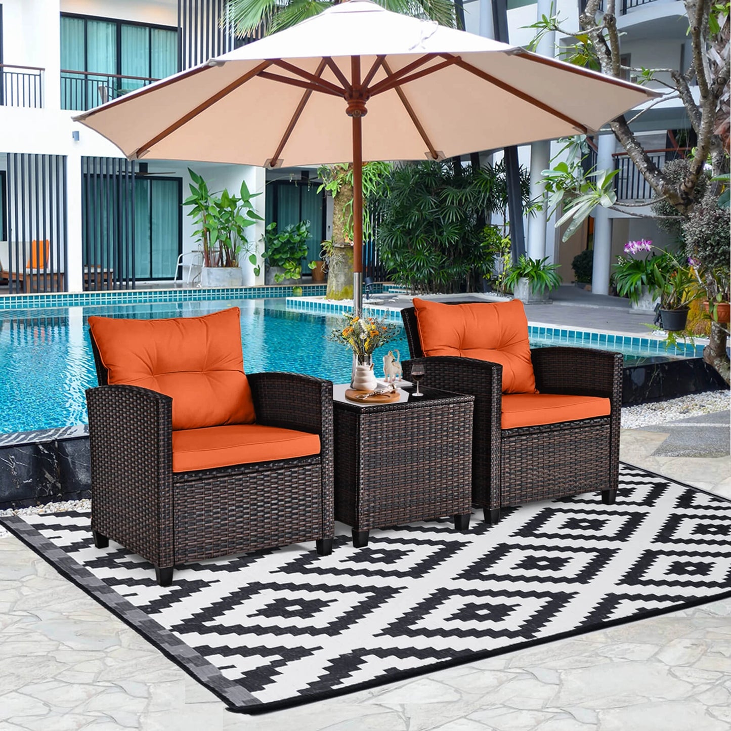 HOMASIS 3 Piece Patio Rattan Conversation Set with Cushions