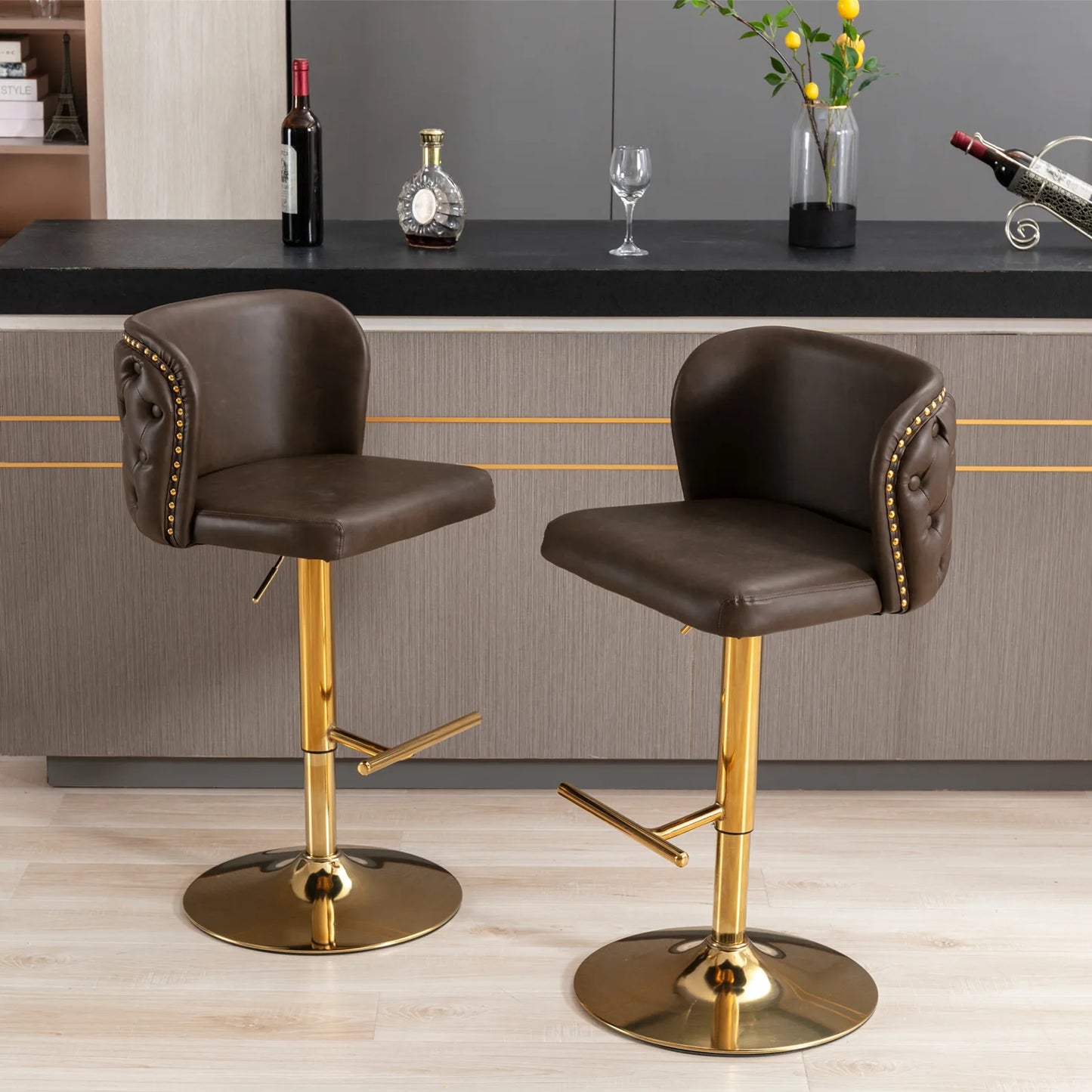 TWISTER.CK Swivel Bar Chairs PU Upholstered Stools Nailheads Dining Room
