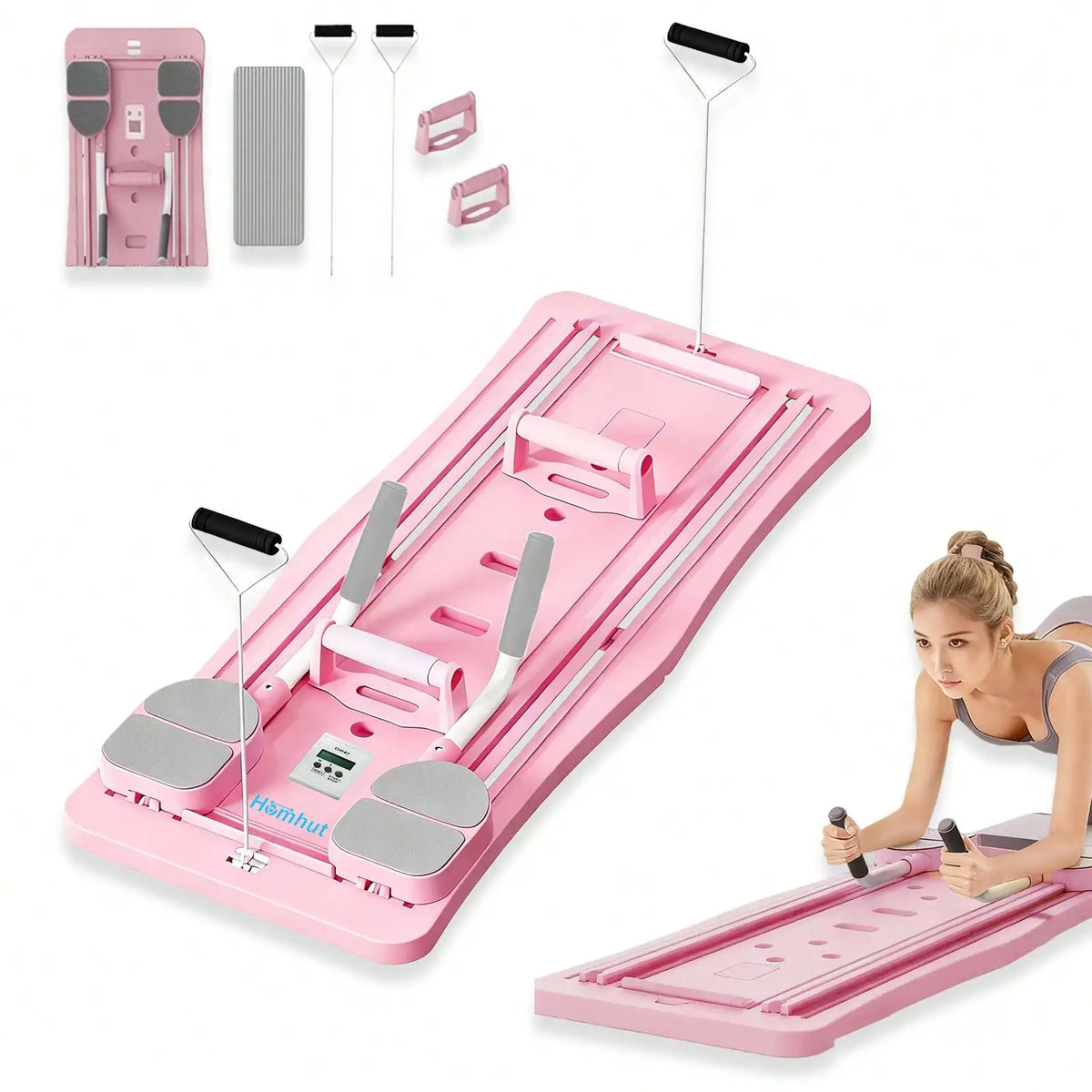 Foldable Pilates Sliding Board Reformer With Resistance Bands
