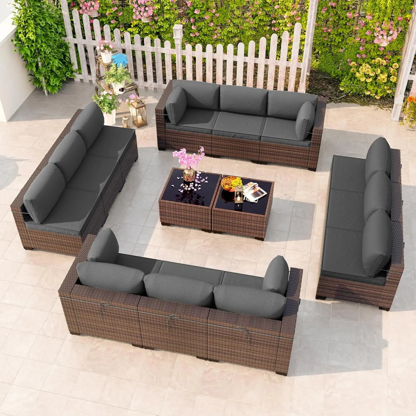 Outdoor Patio Furniture Set,12 Pieces Sectional Rattan Sofa Set Brown PE Rattan Wicker Patio Conversation Set with 10, Custom