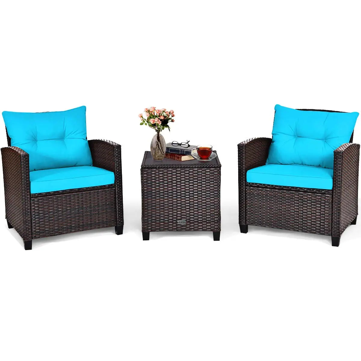 3 Pieces Patio Furniture Set, PE Rattan Wicker 3 Pcs Outdoor Sofa Set w/Washable Cushion and Tempered Glass, Customized