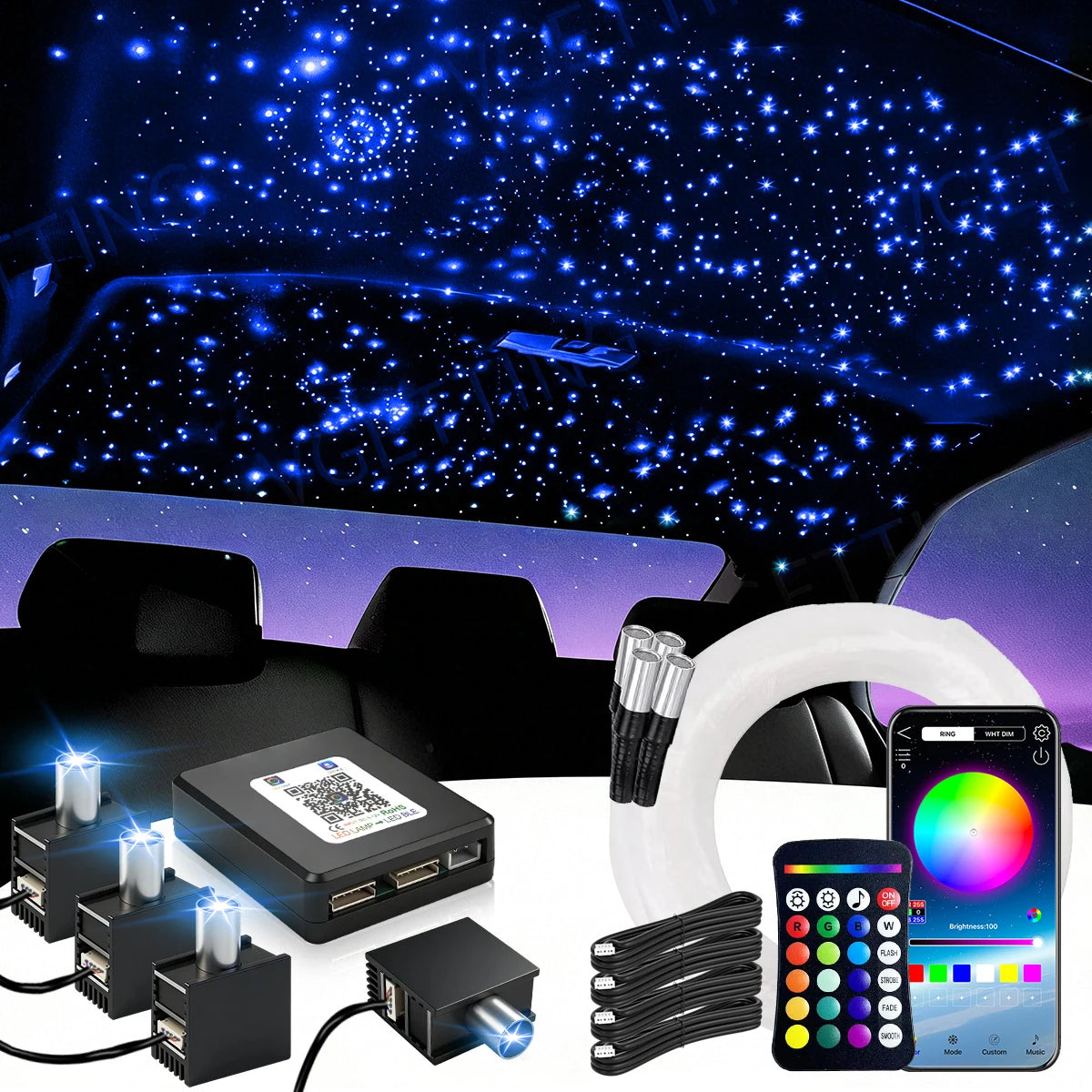 16W Split Starlight Headliner Kit, Fiber Optic RGBW Star Lights for Car Roof Ceiling with 1/2/4 Light Heads, APP/Remote Control, Static 10 Colors