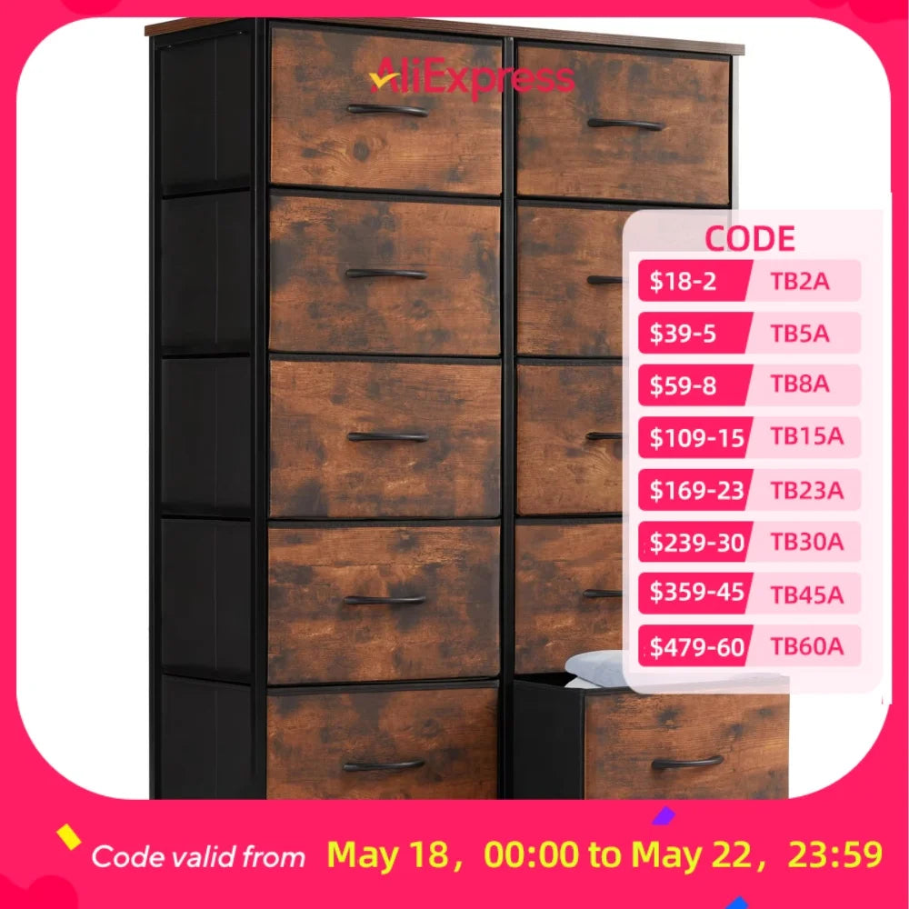 JHK Bedside Table For Bedroom With 10 Fabric Drawers Wardrobe Steel Frame Closet For Storage Cabinet Living Room Of Furniture