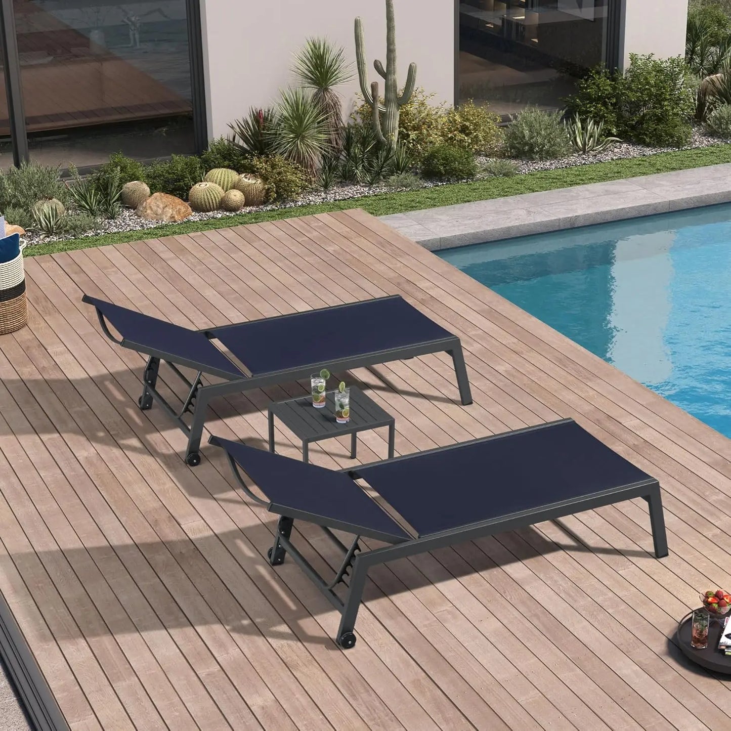 Outdoor Chaise Lounge with Wheels Aluminum Pool Lounge Chairs Set of 2 Fade-Resistant Patio Chaise Lounge with 5, Custom