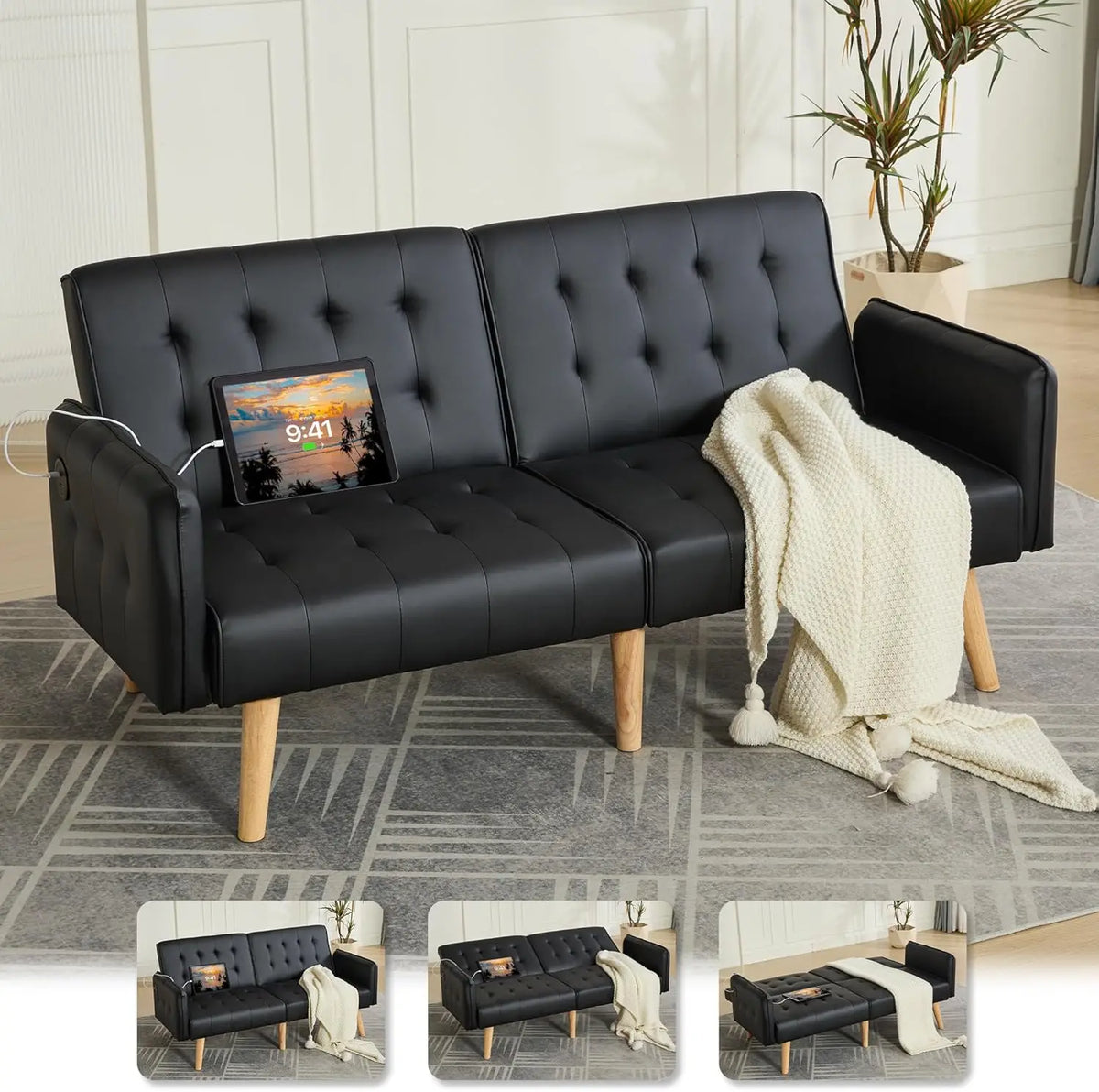 TYBOATLE Tufted Futon Sofa Bed With USB And Adjustable Back