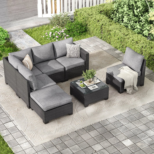 Farini Rattan Patio Sectional Sofa Set With Ottoman Outdoor Furniture