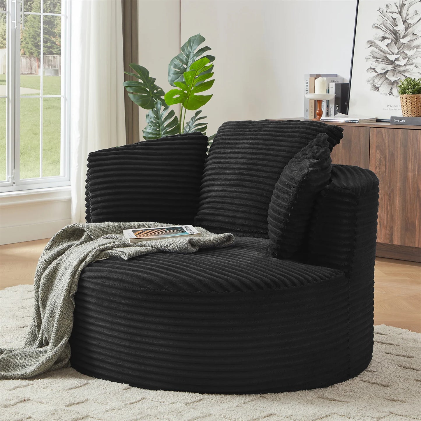 48.8" Round Chair Boneless Chaise Sofa Chair with Backrest and 3 Pillows for Living Room, No Assembly Required