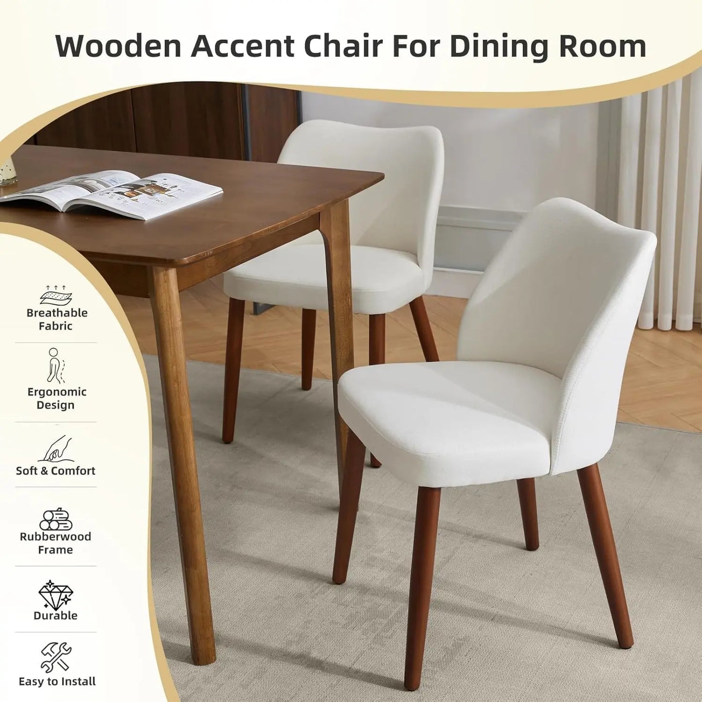 HobbyLane Mid Century Modern Dining Chairs Set 2 Linen Upholstered