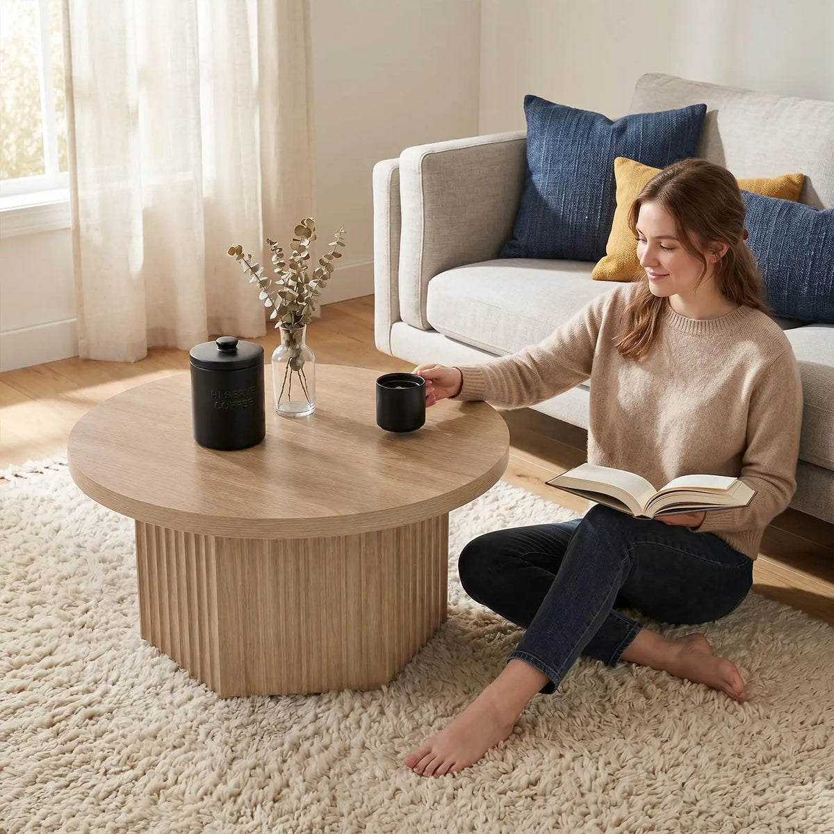 HiMISS Modern Fluted Drum Pedestal Coffee Table for Living Room