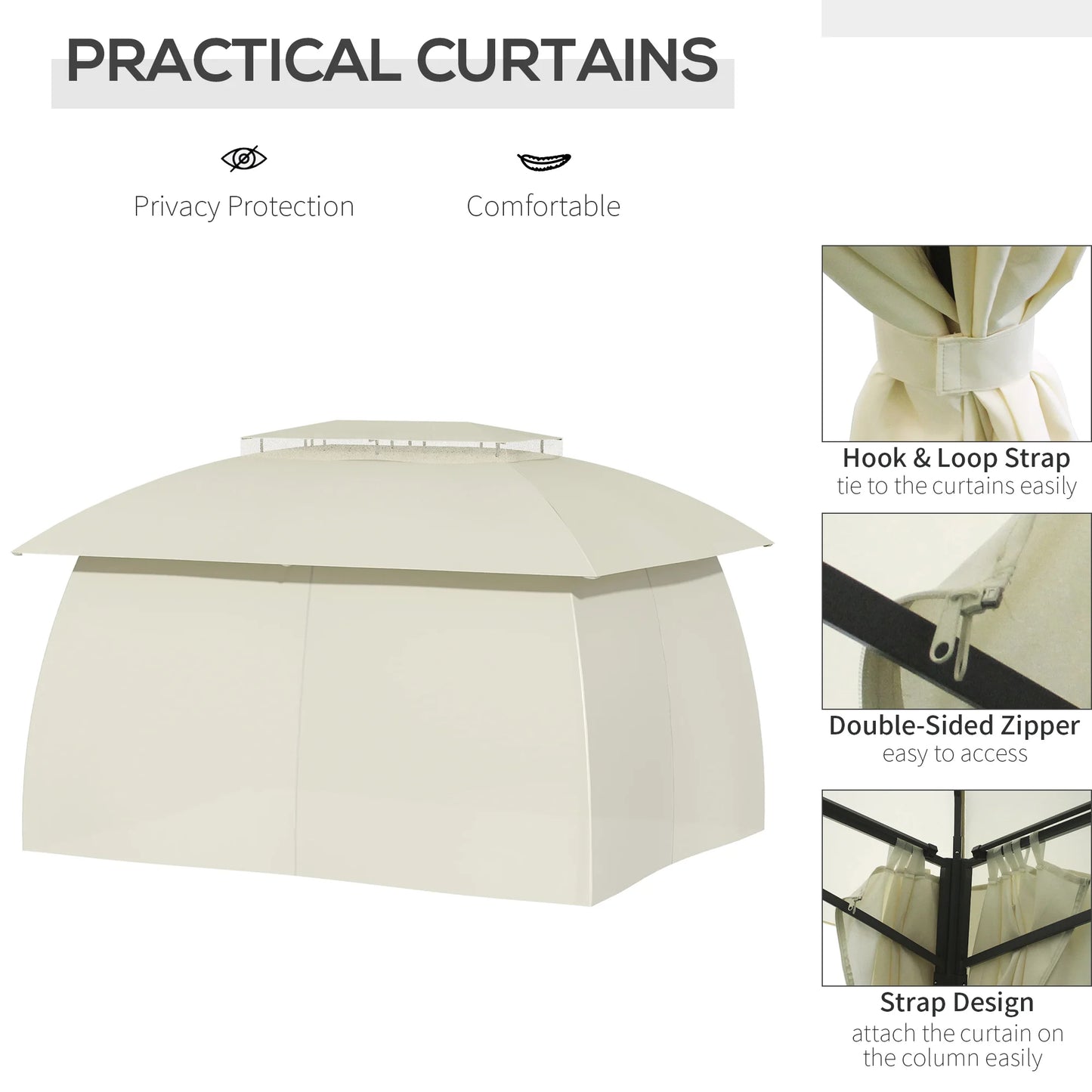 13' X 10' Patio Gazebo, Double Vented Canopy Shelter, Curtains, Steel, Beige